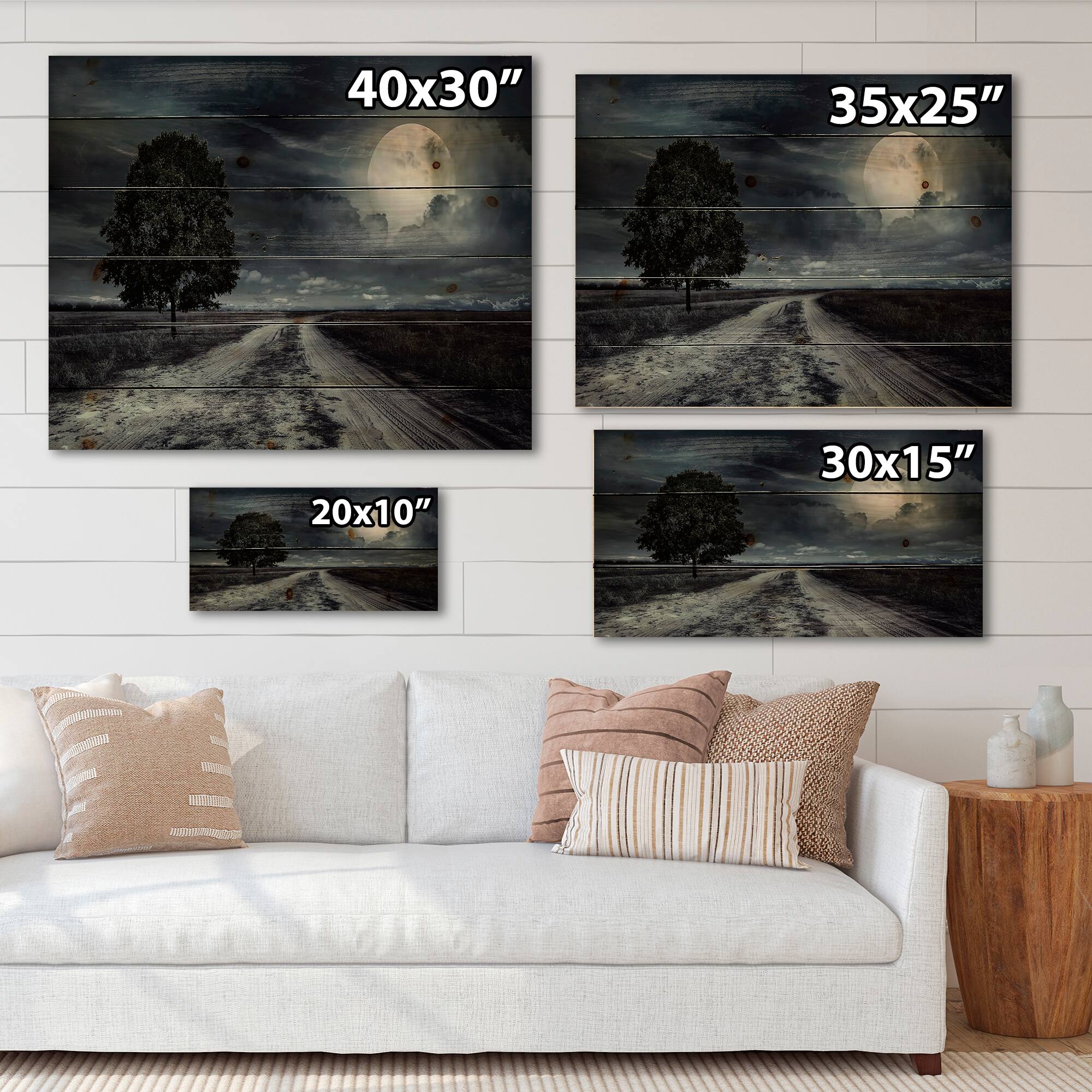 Designart - Paved Road Under A Full Moon - Nautical &#x26; Coastal Print on Natural Pine Wood