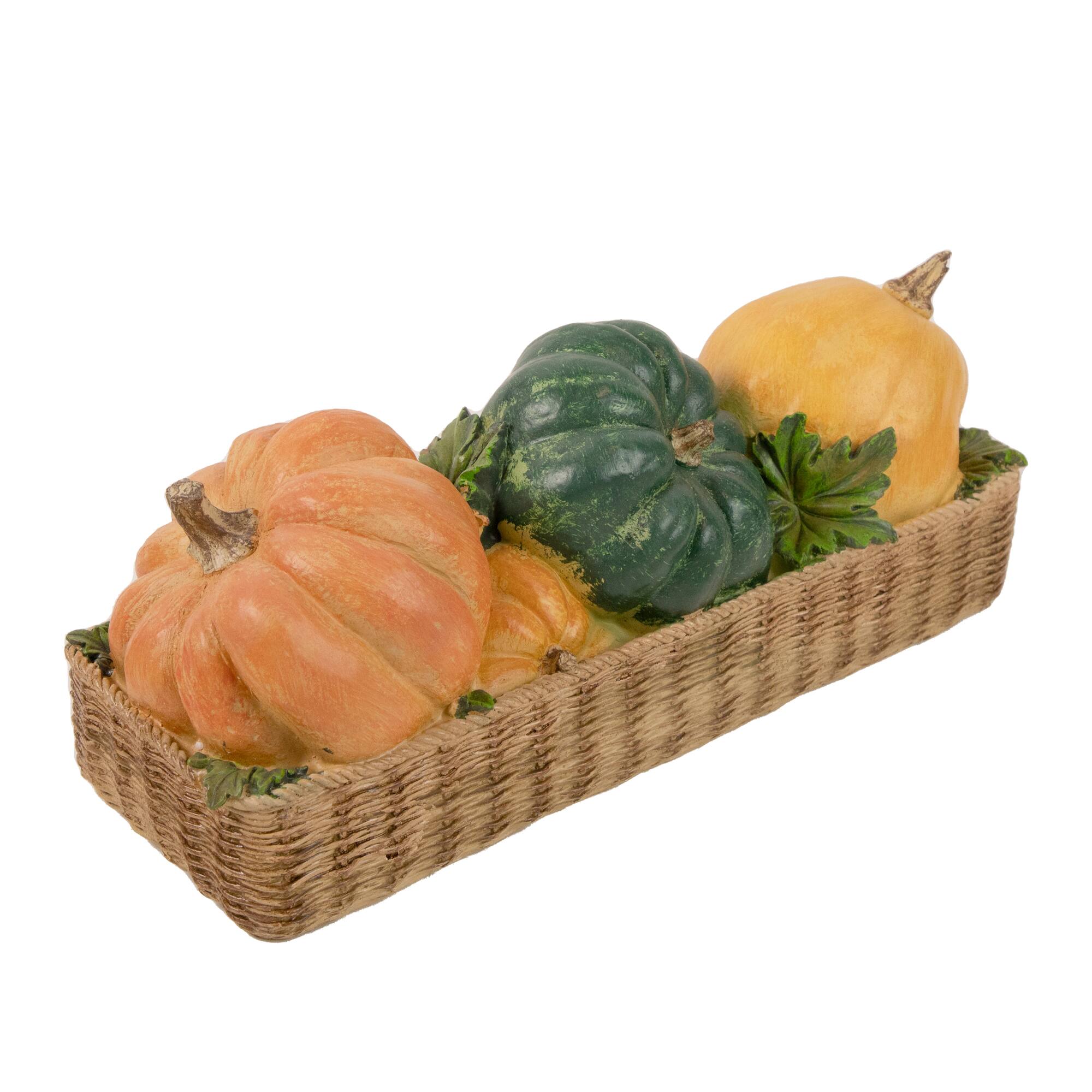 15" Faux Rattan Basket with Pumpkins Thanksgiving Tabletop Decoration