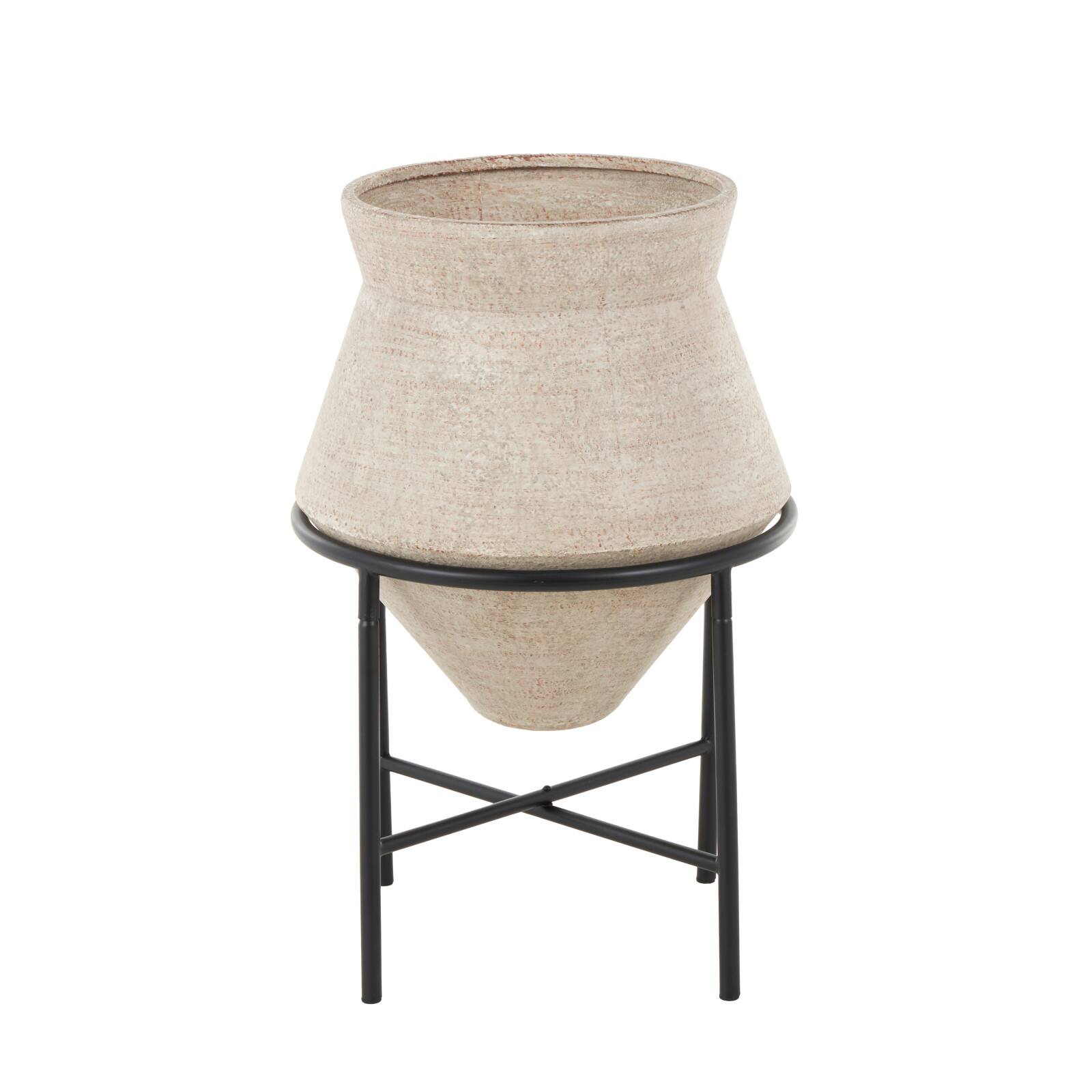 24.5&#x22; Beige Metal Wide Vase with Black Metal Stand