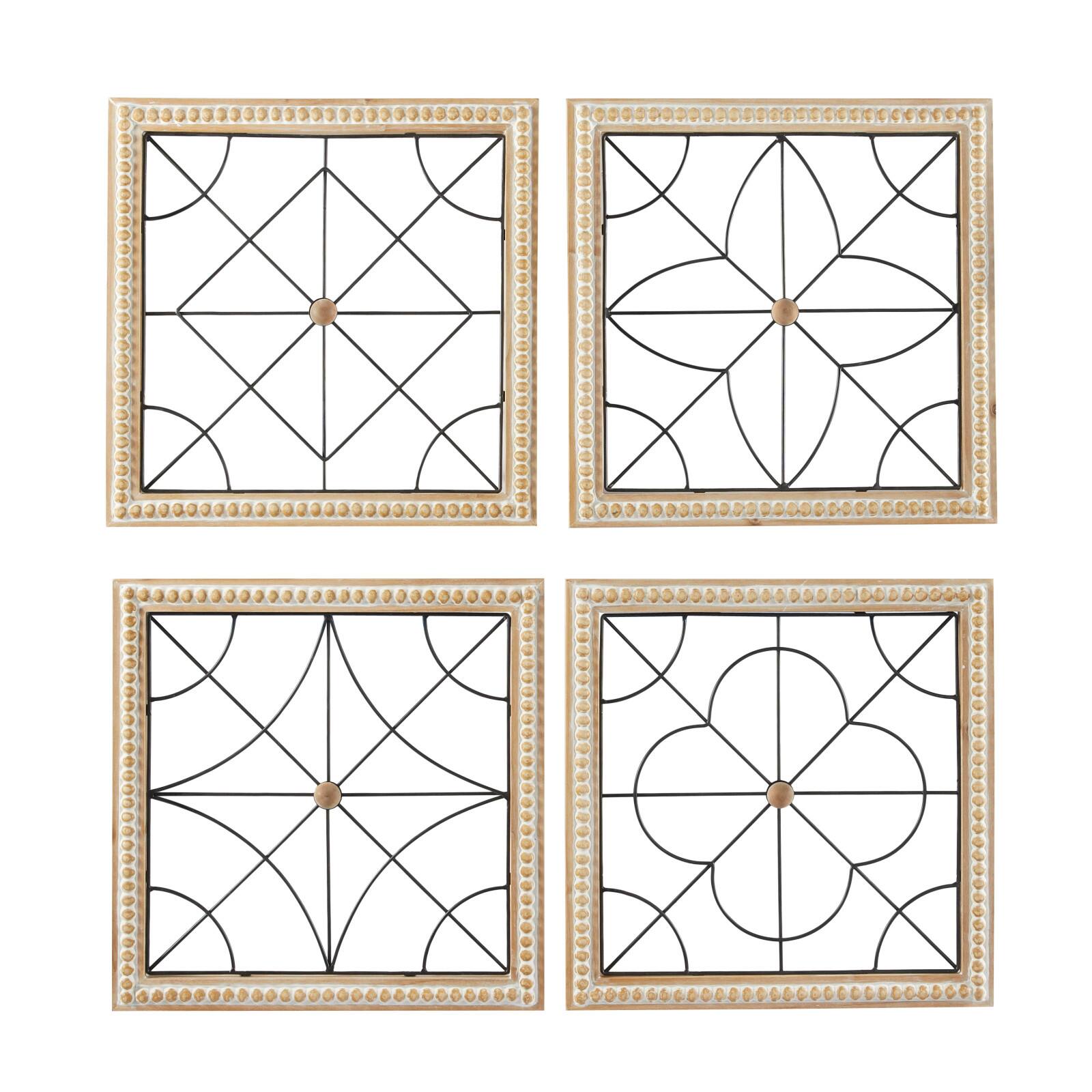 Brown Wood Carved Beading Geometric Wall Decor with Metal Wire Set of 4 16", 16"