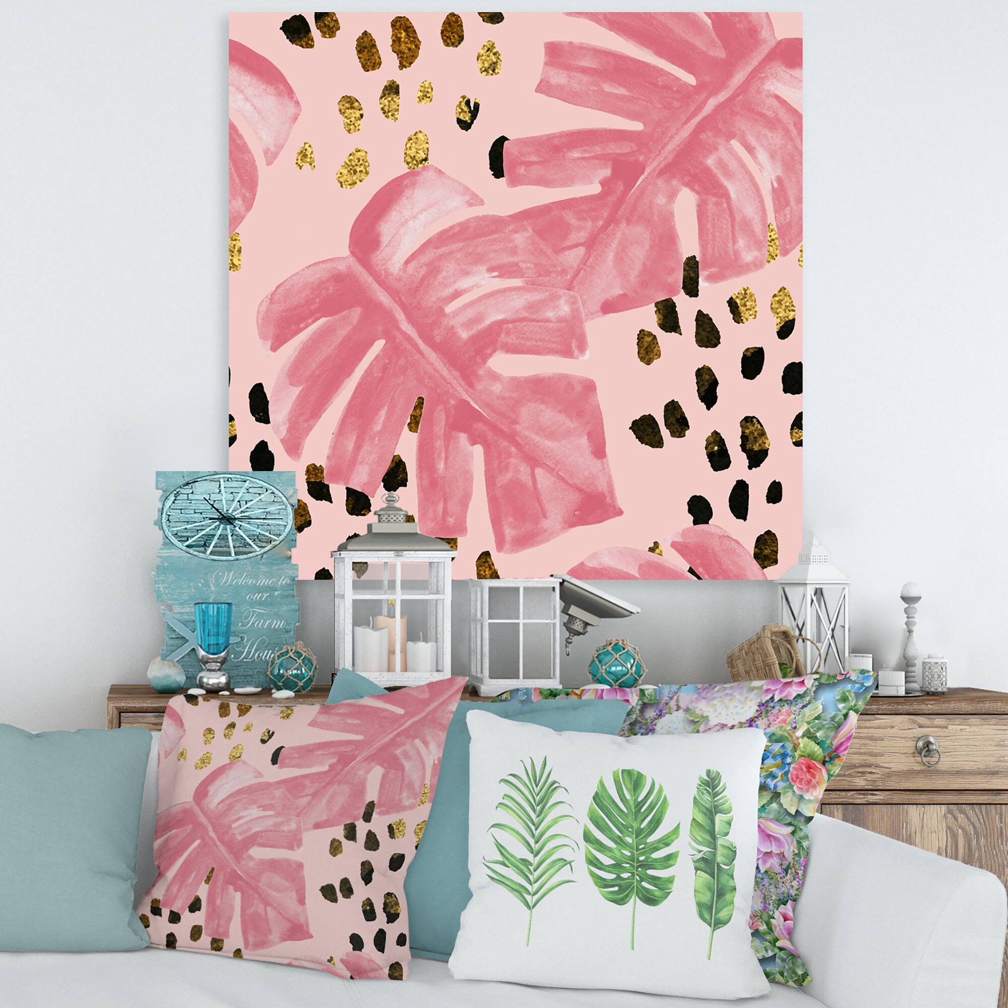 Designart - Pink Colored Monstera On Rough Brush Strokes I - Tropical Canvas Wall Art Print