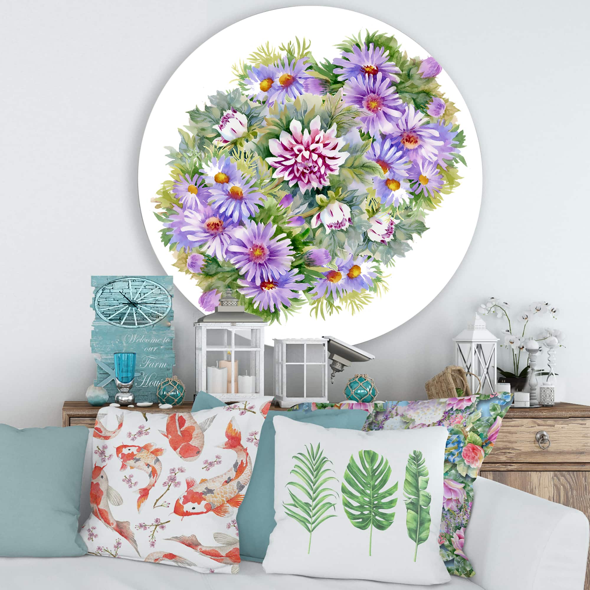 Designart - Bouquet With Purple Chrysanthemums and Daisies - Traditional Metal Circle Wall Art