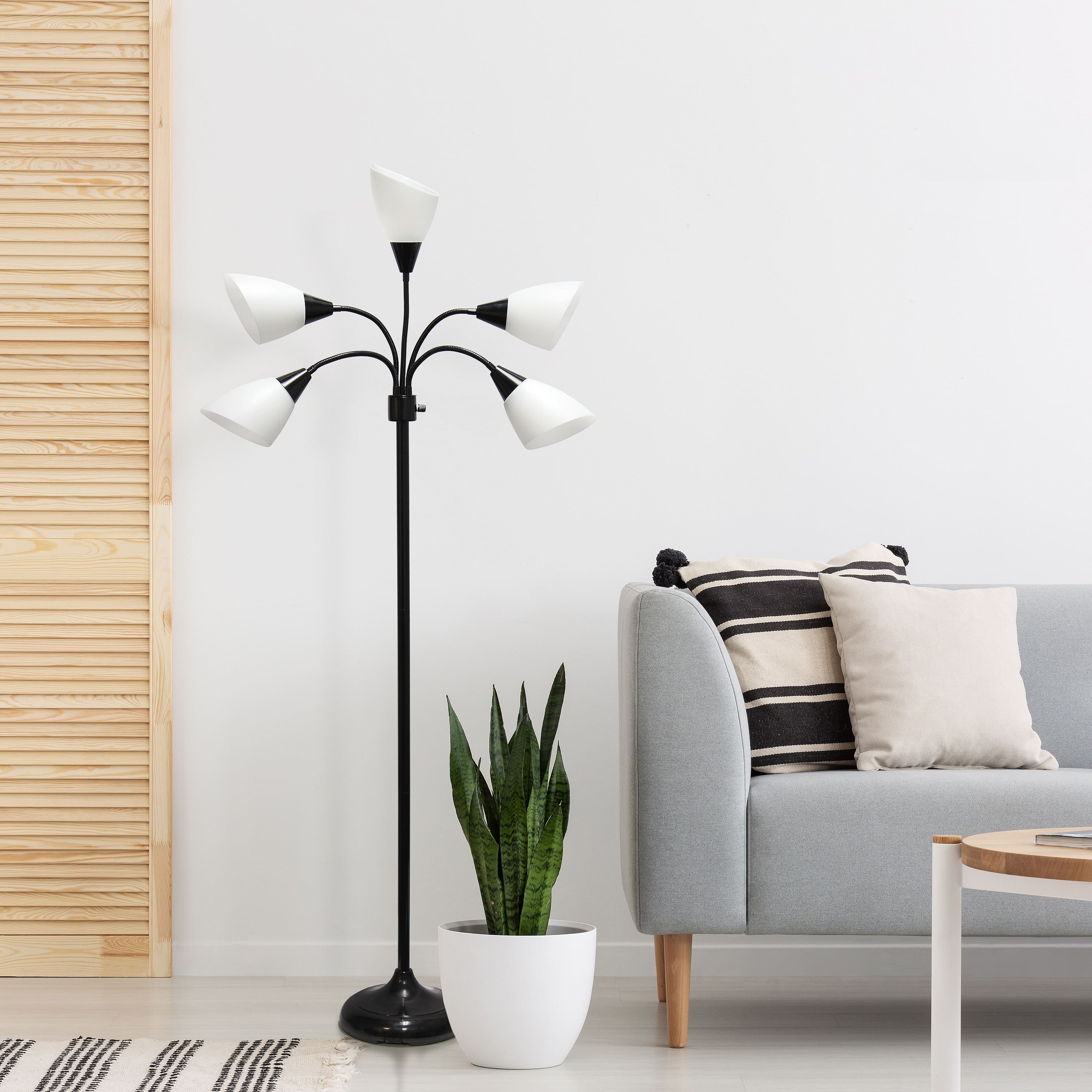 Simple Designs&#x2122; 5.5ft. 5-Light Gooseneck Black Floor Lamp with White Shades