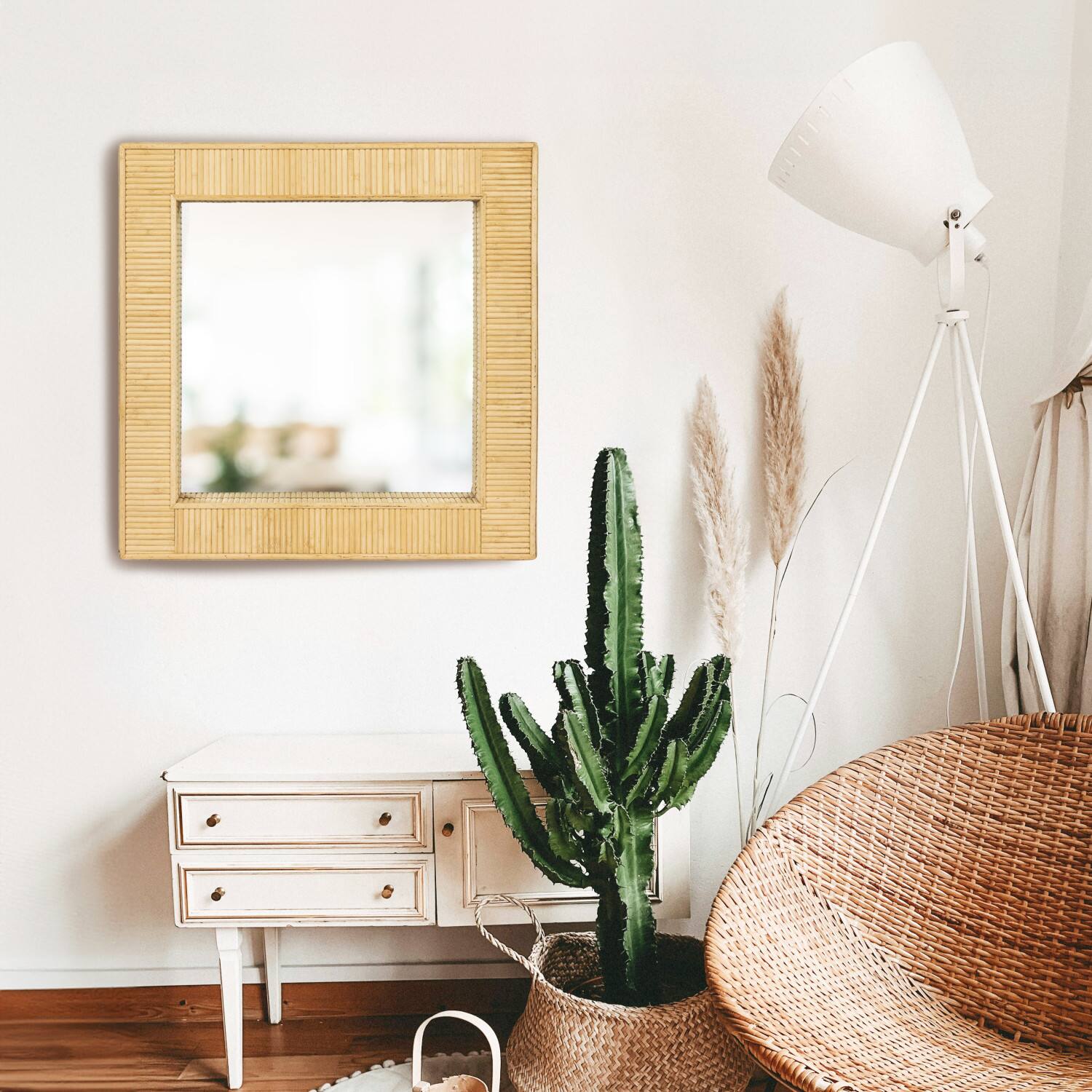 Hello Honey&#xAE; 28&#x22; Natural Brown Bamboo Square Wall Mirror