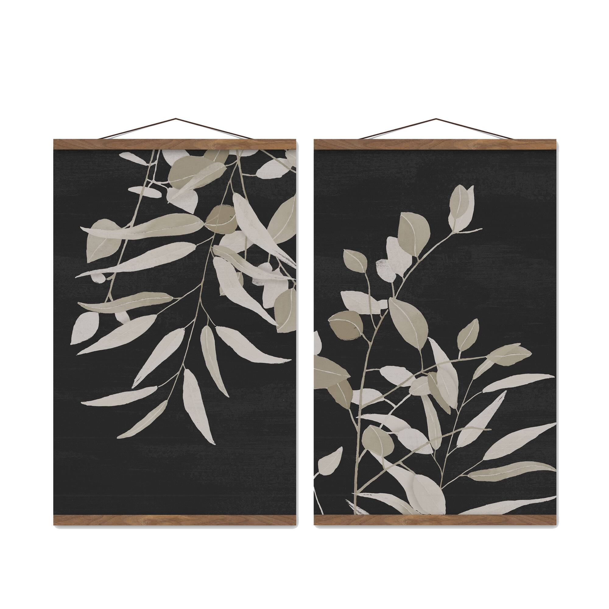 Black and White Greenery 16" x 24" Teak Hanging Canvas - Set of 2