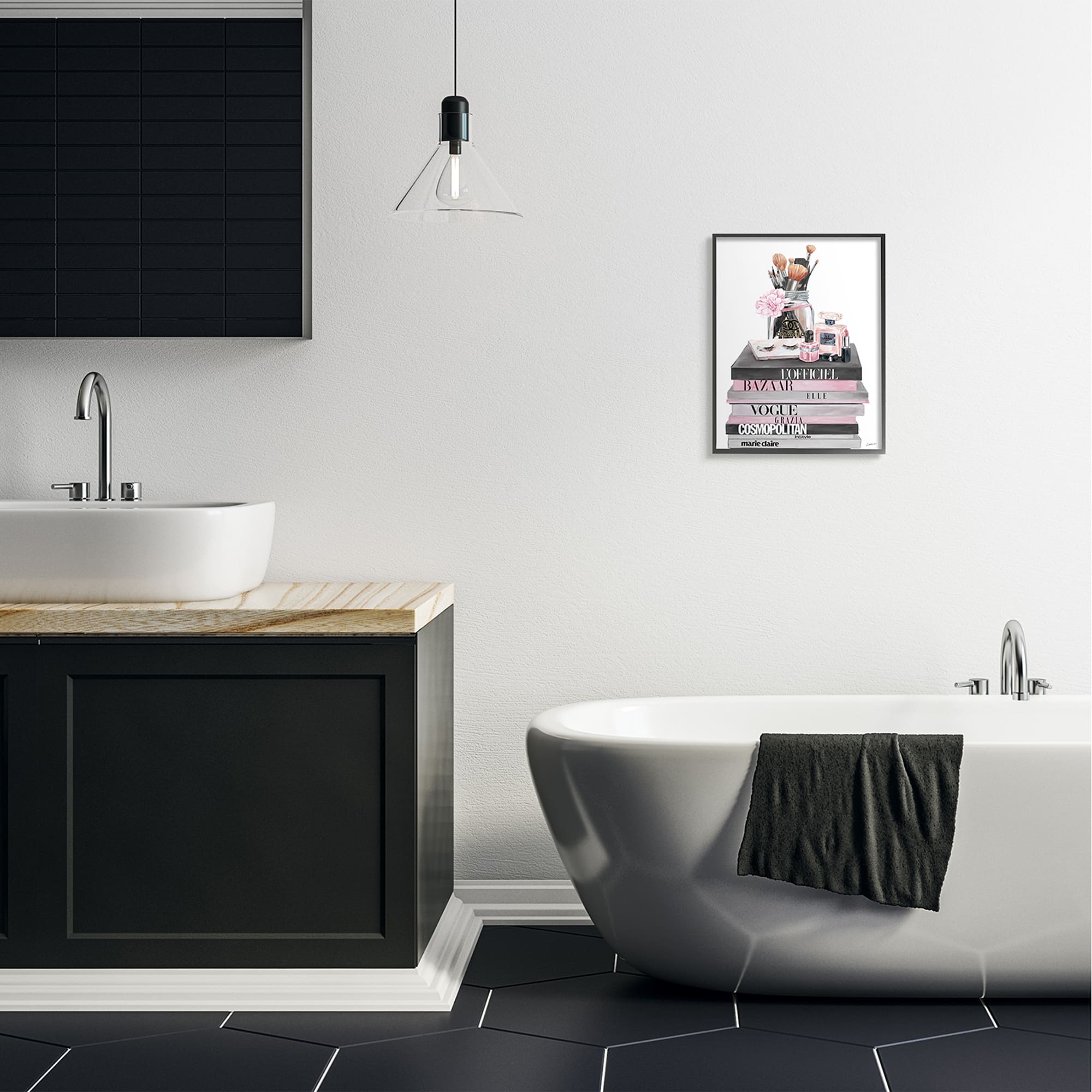 Stupell Industries Fashion Accessories Glam Magazine Book Stack in Black Frame Wall Art