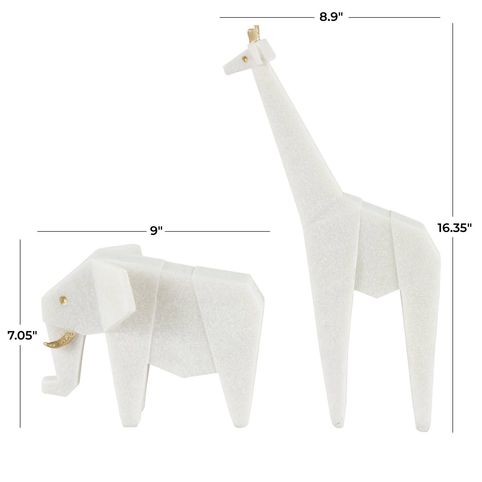 White Polystone Elephant &#x26; Giraffe Cubist Inspired Sculpture Set