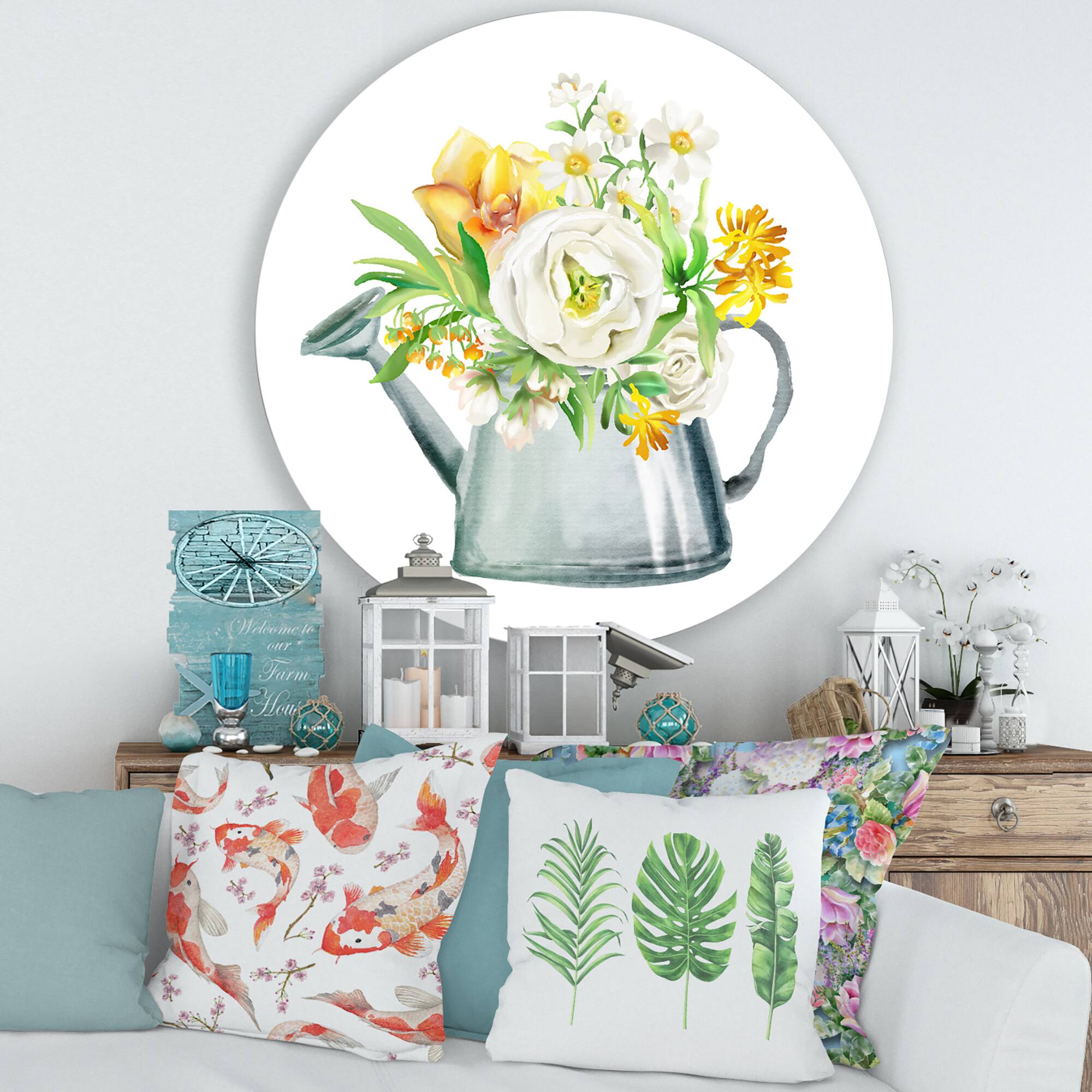 Designart - Roses Peonies &#x26; Marigolds In Garden Watering Can - Farmhouse Metal Circle Wall Art