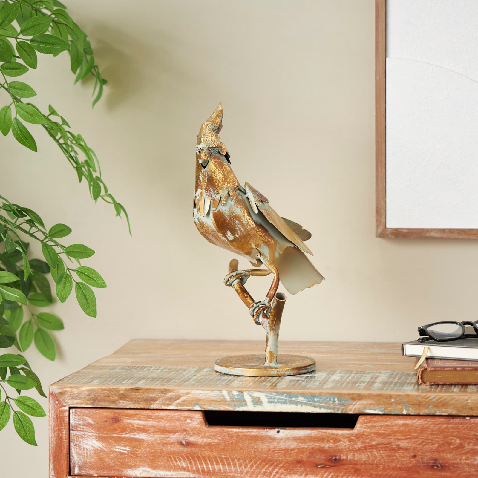 14.5" Bronze Patina Cockatiel on Branch Metal Garden Sculpture