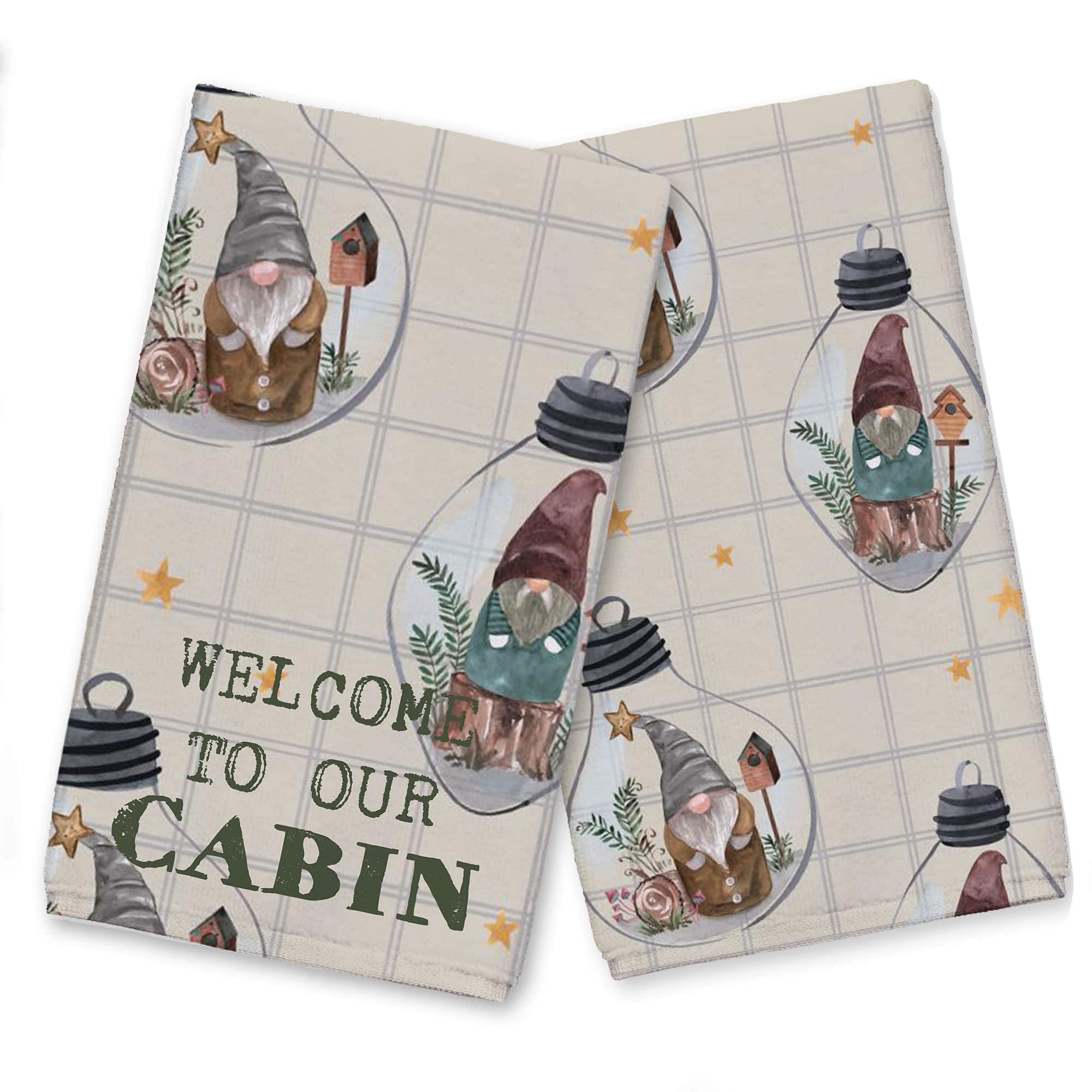 Welcome to our Cabin Cream and Gray Check Gnome Globe Pattern Tea Towel - Set of 2
