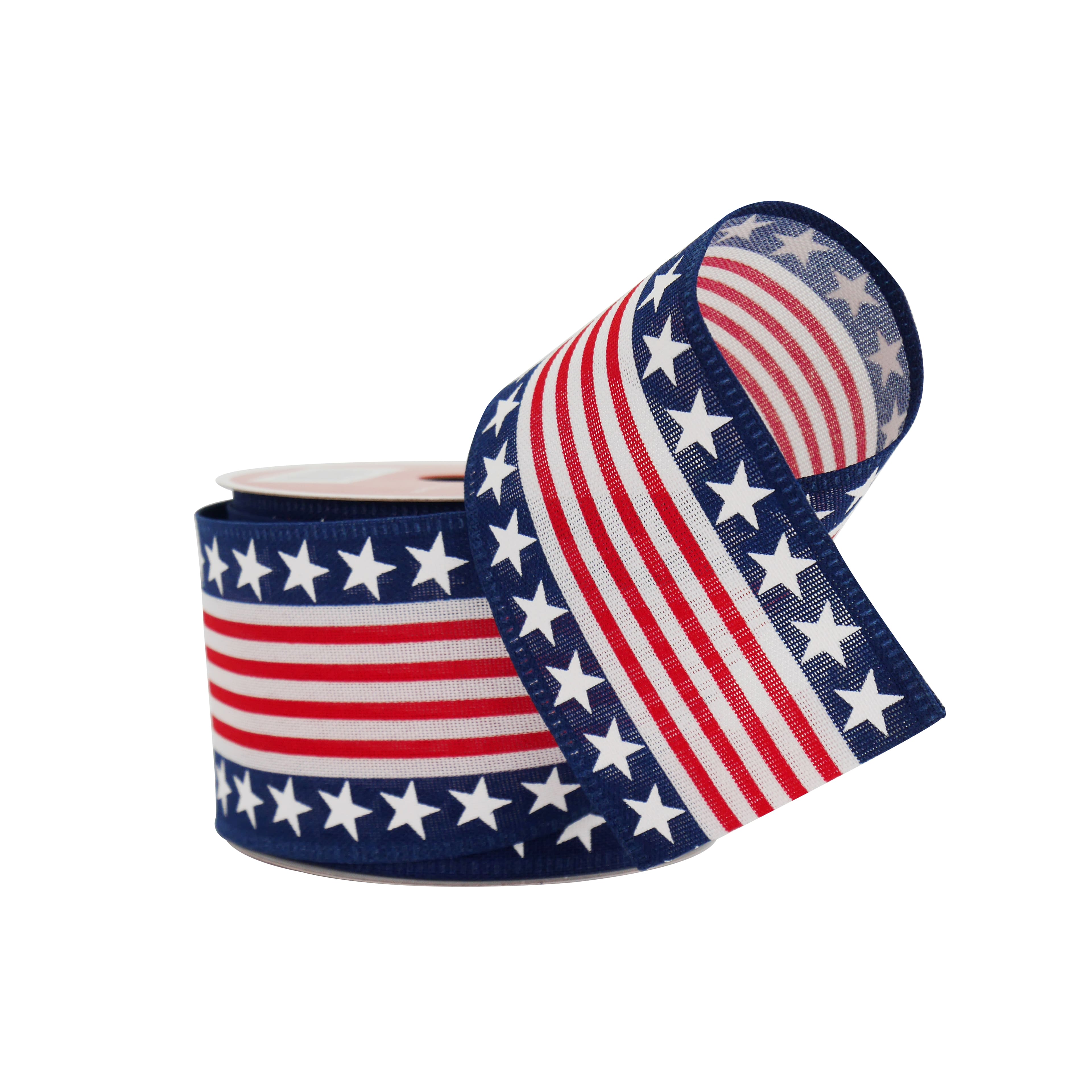 2.5&#x22; x 20ft. Stars &#x26; Stripes Wired Faux Linen Ribbon by Celebrate It&#xAE; Red, White &#x26; Blue