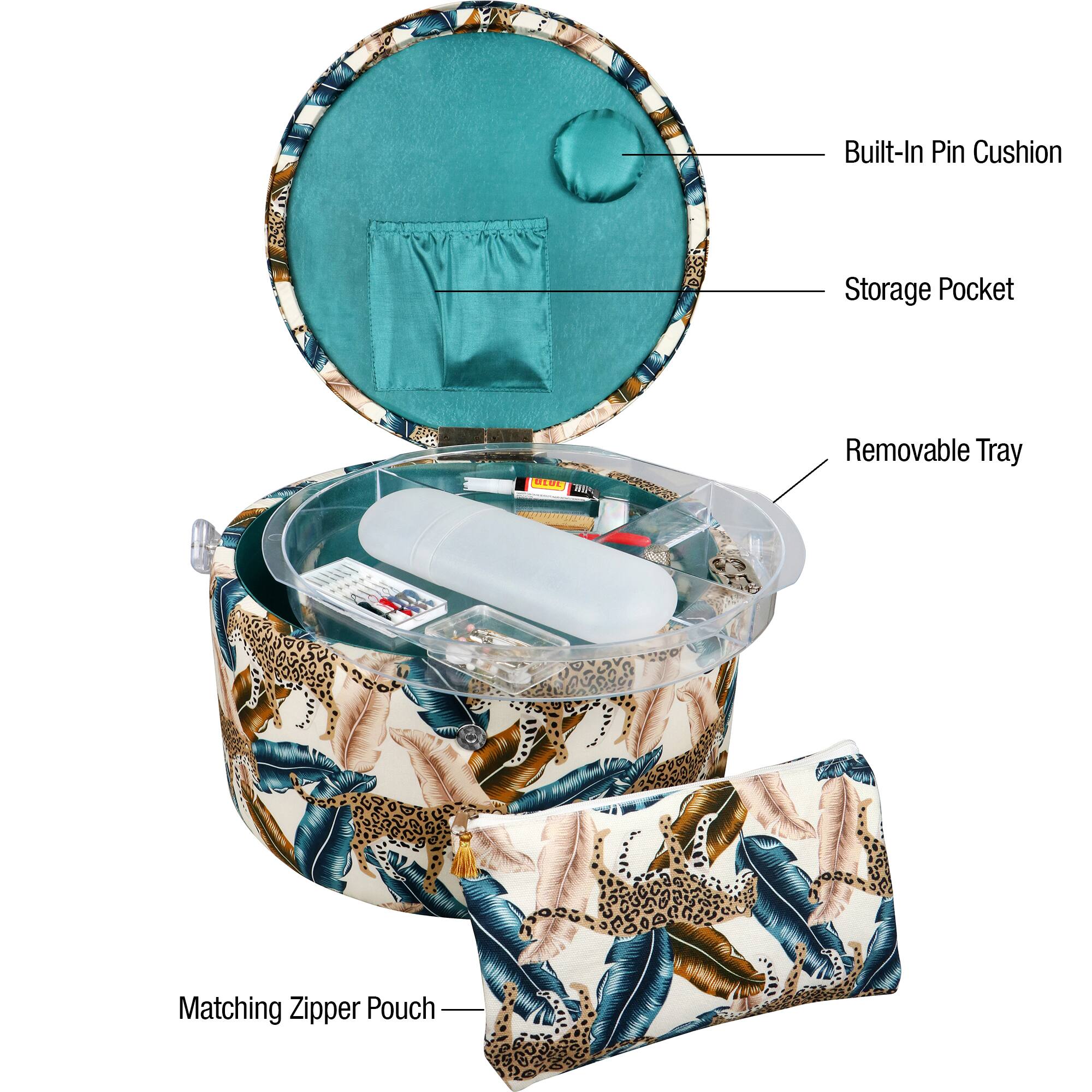 SINGER® Large Jungle Print Premium Round Sewing Basket with Travel Sewing Kit