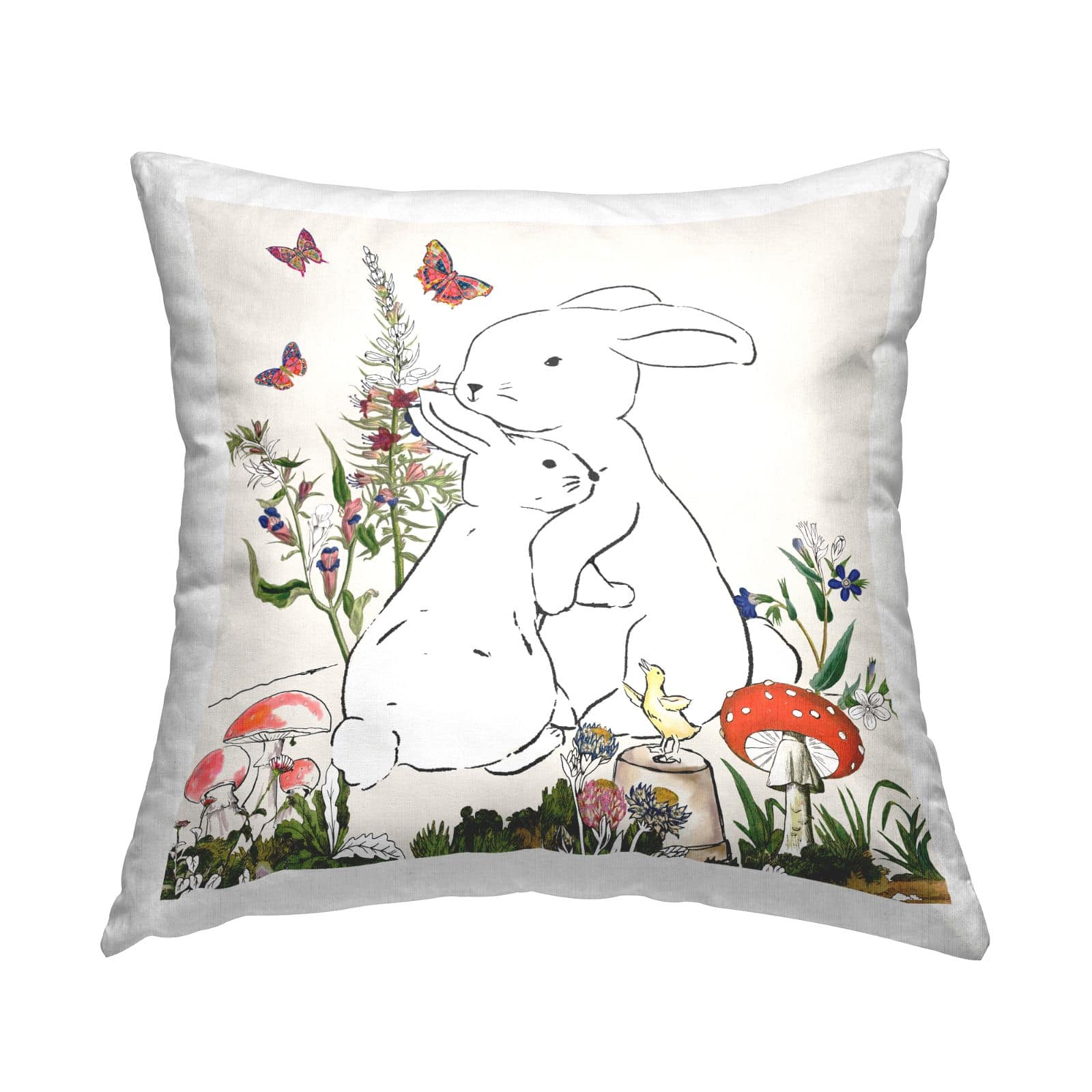 Stupell Industries Rabbit Hugs Spring Flower Meadow Butterfly Garden Throw Pillow, 18" x 18"