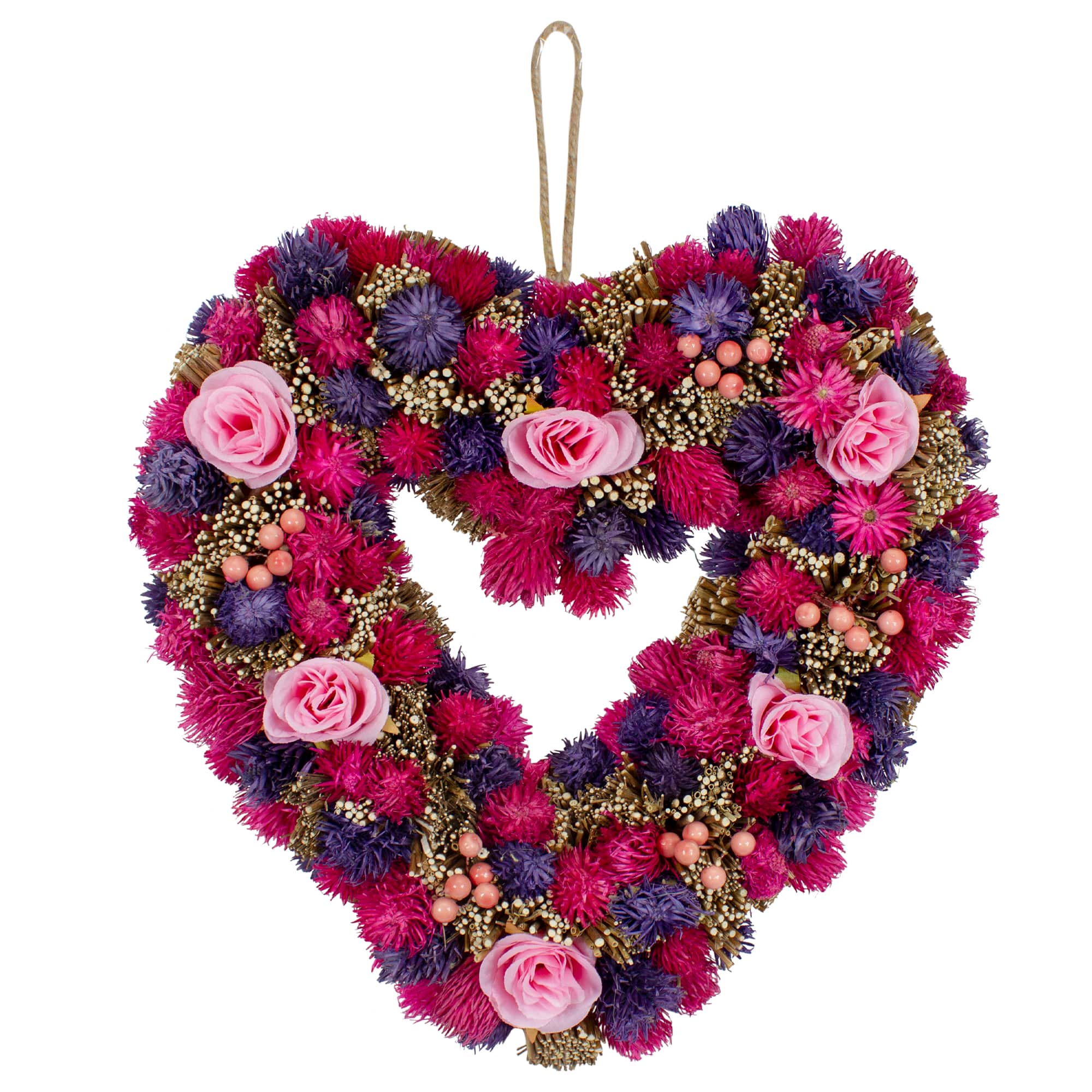 Pink and Purple Floral Berry and Twig Heart-Shaped Artificial Spring Wreath 13.5"