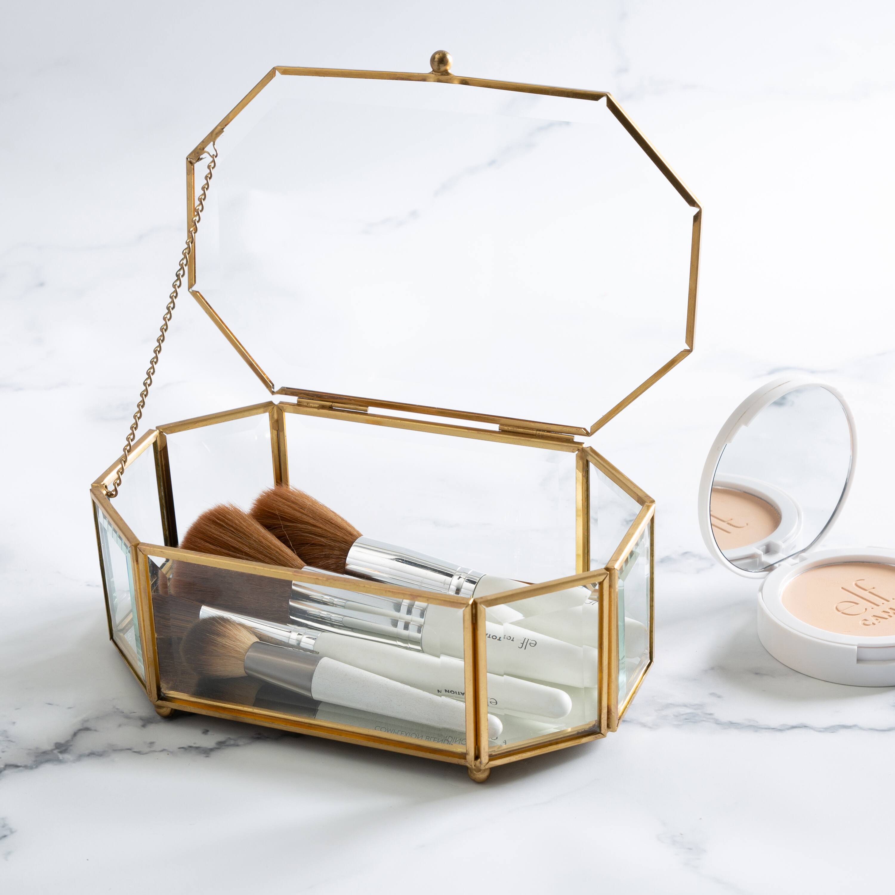 Home Details Large Gold Vintage Mirrored Bottom Octagonal Glass Keepsake Box