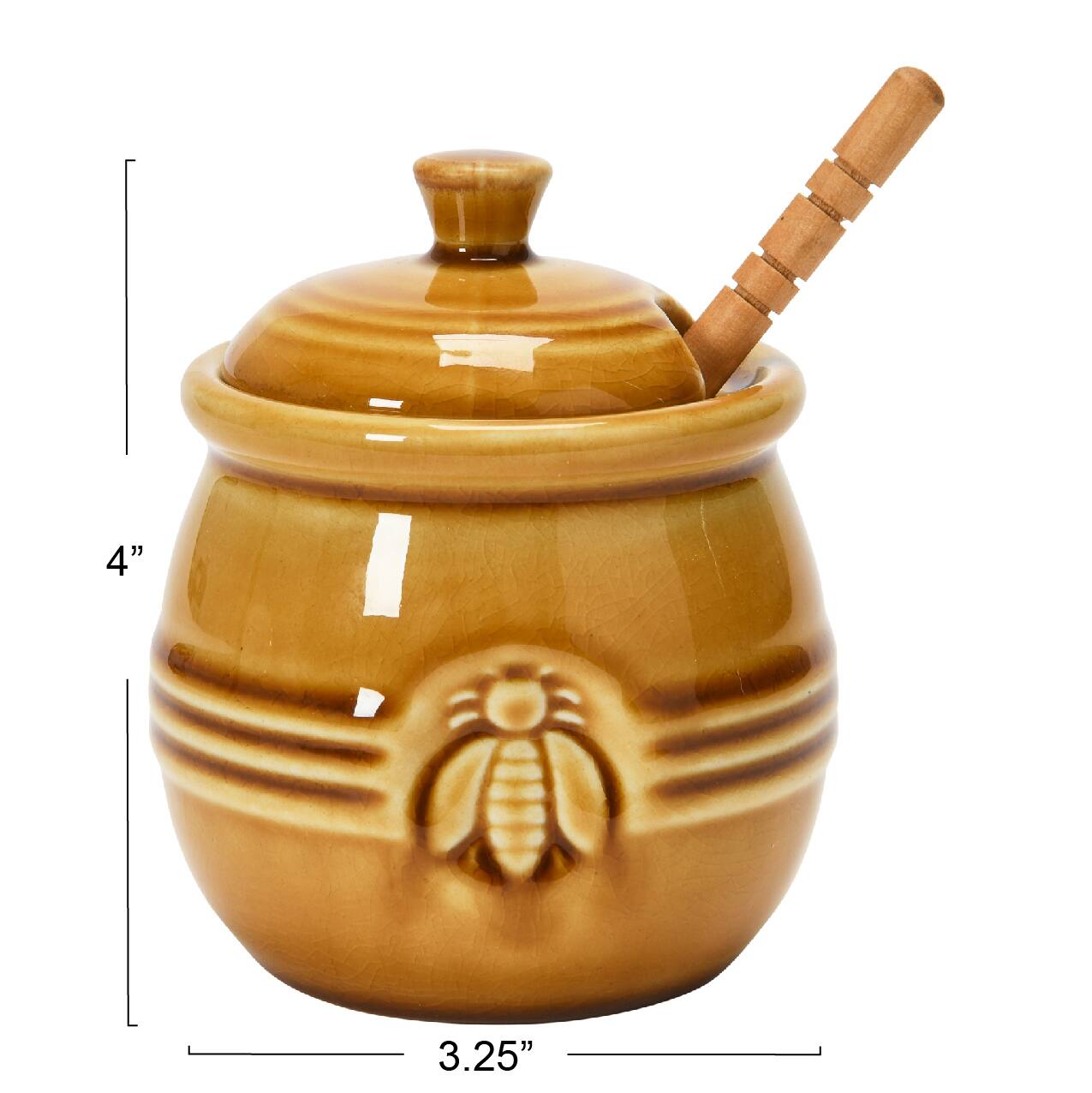 Hello Honey&#xAE; 4.3&#x22; Amber Orange Farmhouse Embossed Stoneware Honey Pot with Wood Honey Dipper