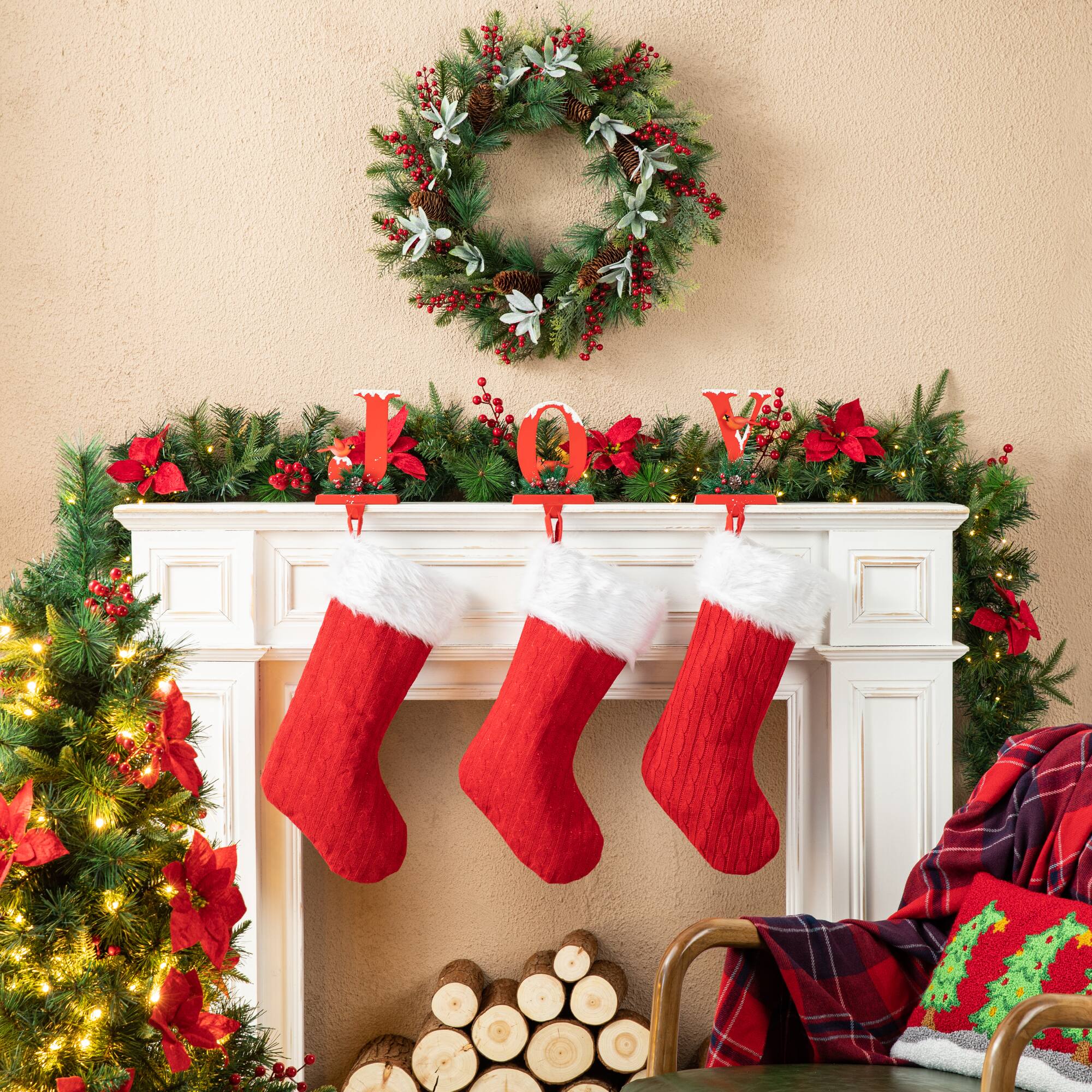 Glitzhome&#xAE; Christmas Metal JOY Stocking Holder Set