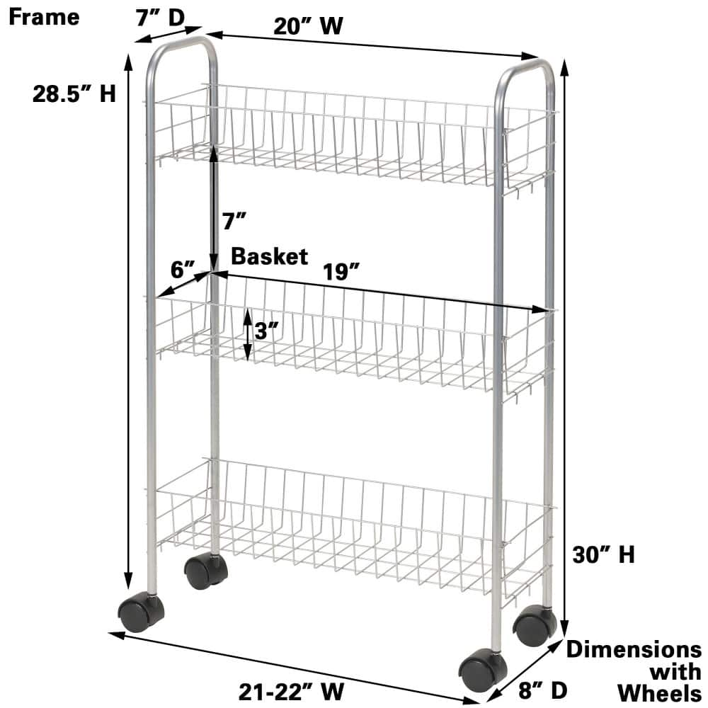 Household Essentials 30&#x22; Slim 3-Shelf Storage &#x26; Utility Cart