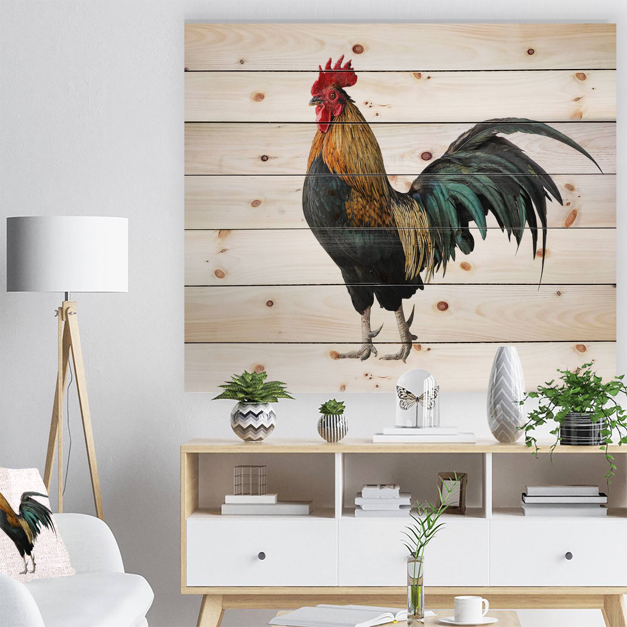 Designart - chicken rooster - Farmhouse Animals of Painting Print on Natural Pine Wood