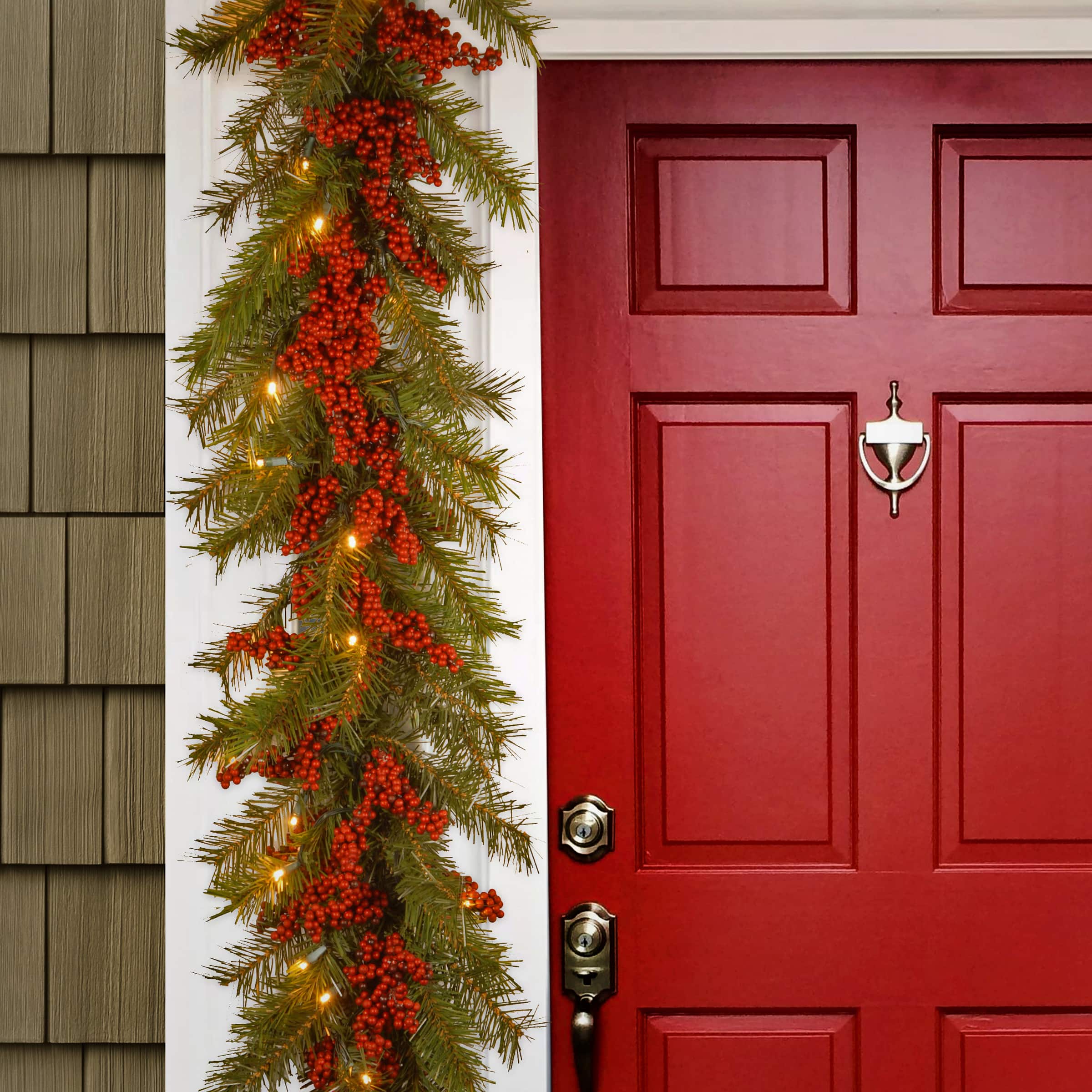 9' X 14" Pre-lit Decorative Collection Valley Pine Artificial Christmas Garland with Red Berries and 50 Soft White Battery Operated LEDs with Timer