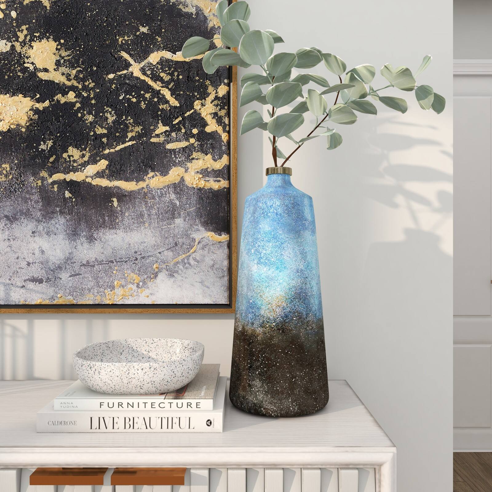 17" Blue Glass Galaxy Inspired Abstract Vase