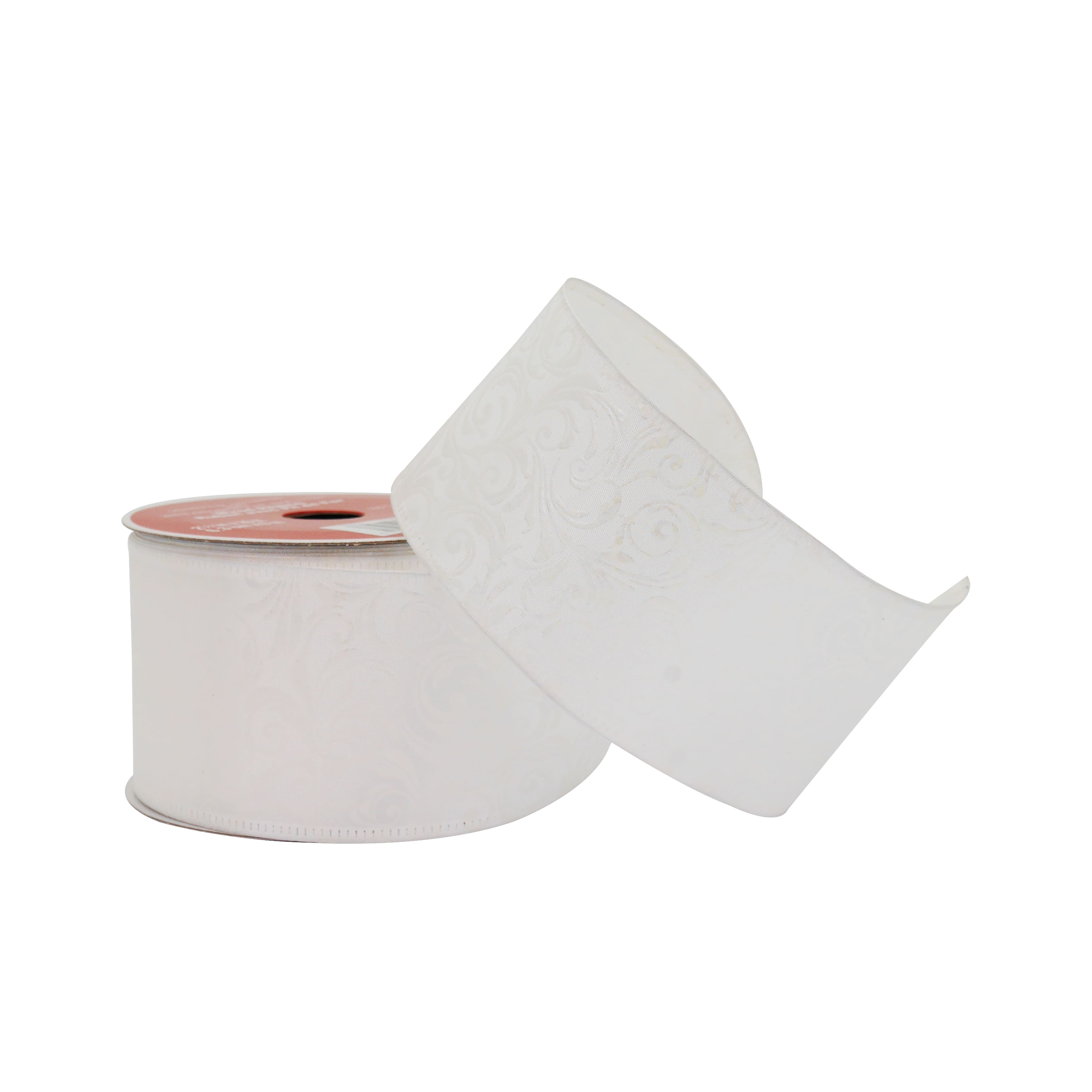 2.5&#x22; x 20ft. White Damask Wired Taffeta Ribbon by Celebrate It&#xAE;