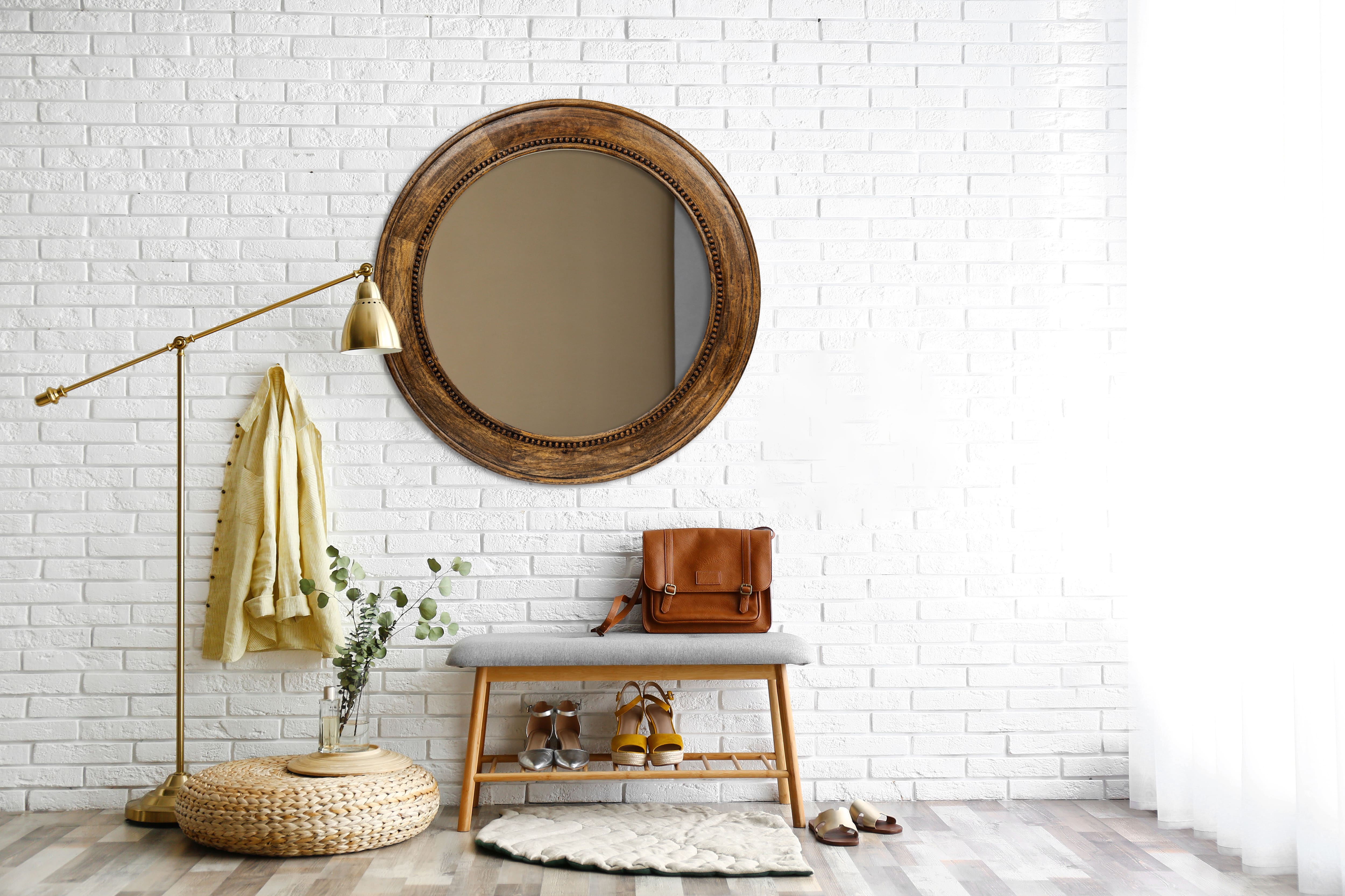Hello Honey&#xAE; Walnut Round Carved Wood Framed Wall Mirror