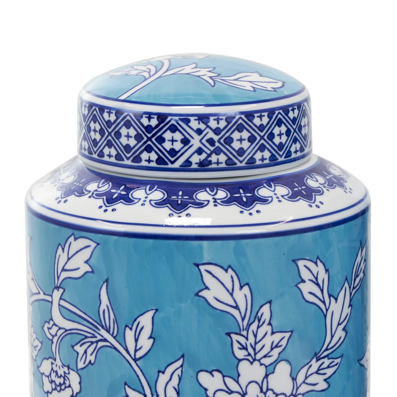 Blue Ceramic Decorative Jar Set with White Floral Patterns
