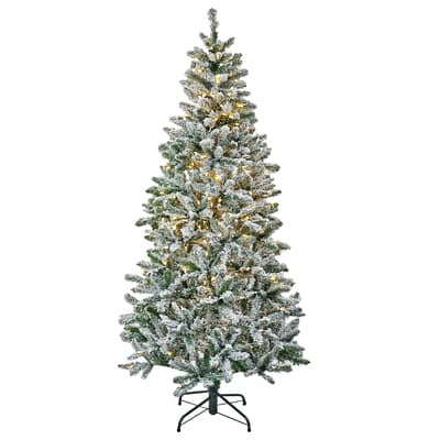 6.5ft. Snowy Chatham Slim Artificial Christmas Tree, Warm White LED ...
