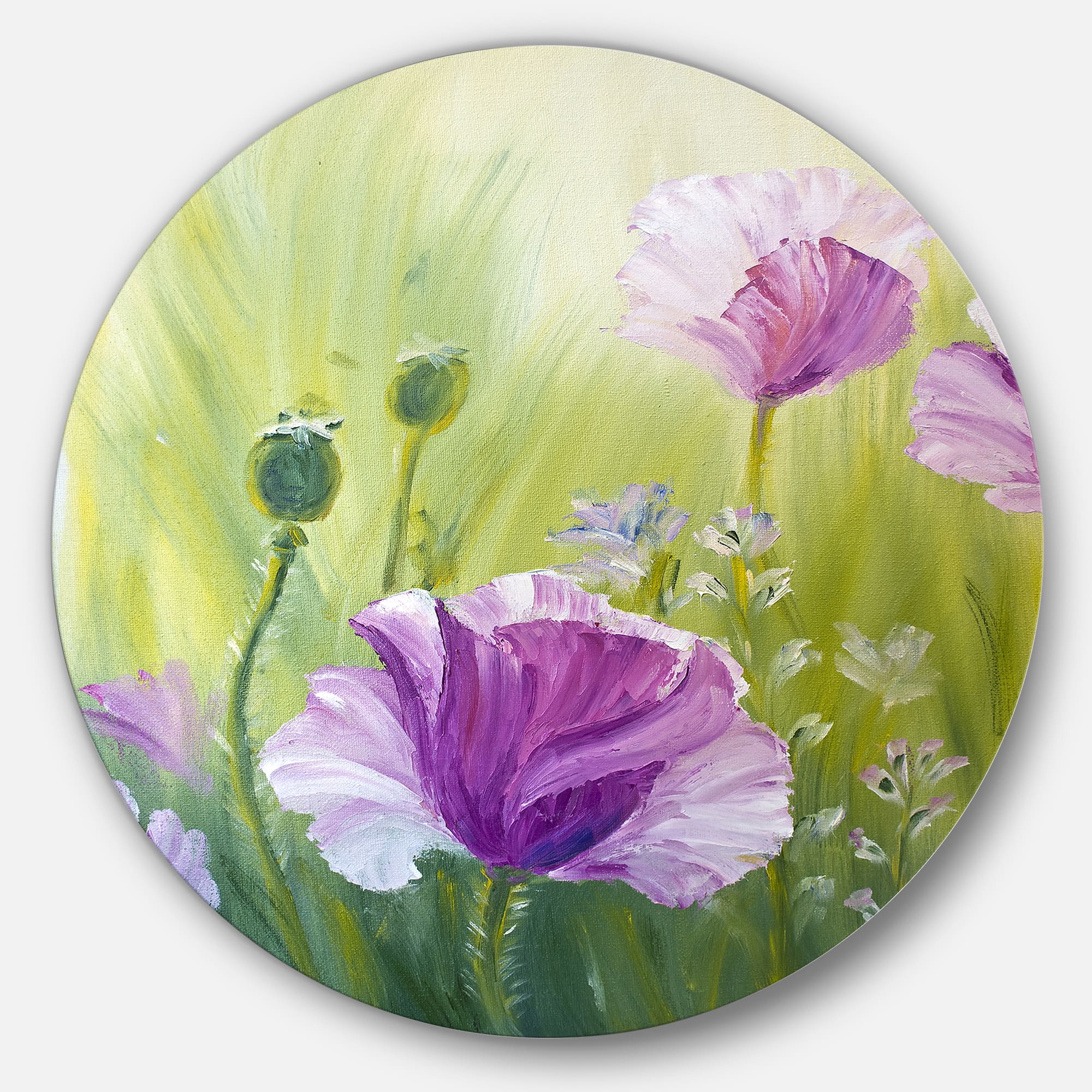 Designart - Purple Poppies in Morning&#x27; Floral Circle Metal Wall Art