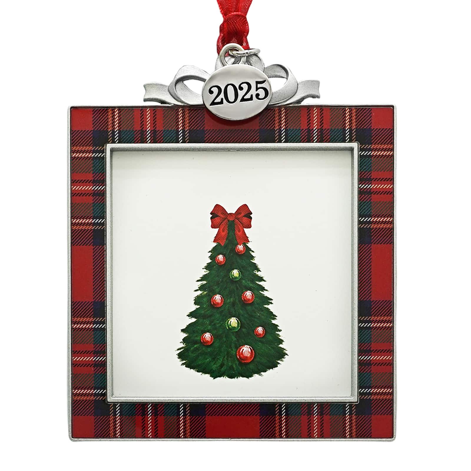 2.5&#x22; x 2.5&#x22; Red &#x26; Black Plaid with Silver Bow Metal Ornament Frame by Studio D&#xE9;cor&#xAE;
