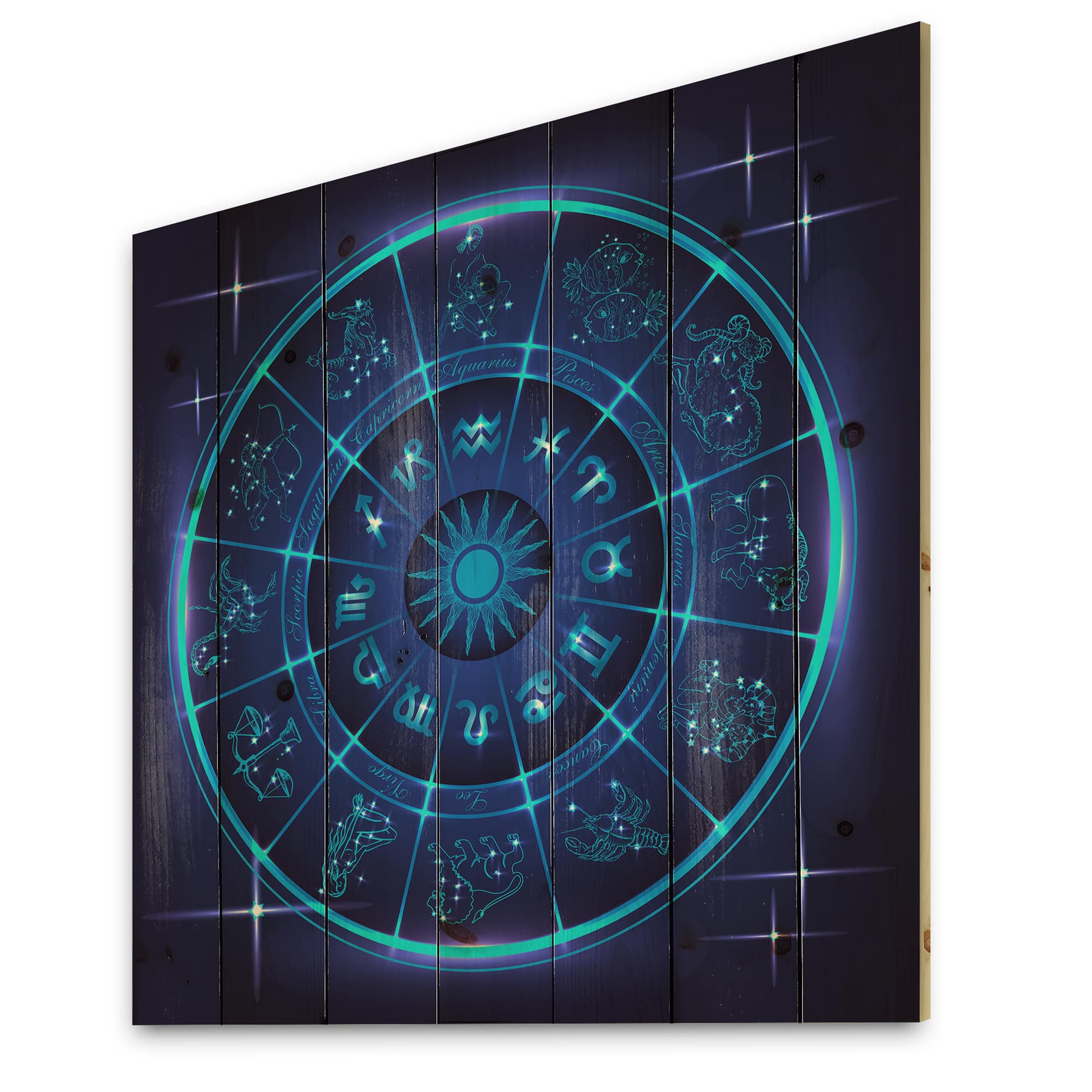 Designart - Neon Deep Blue Horoscope Circle With Zodiac Signs - Modern Print on Natural Pine Wood