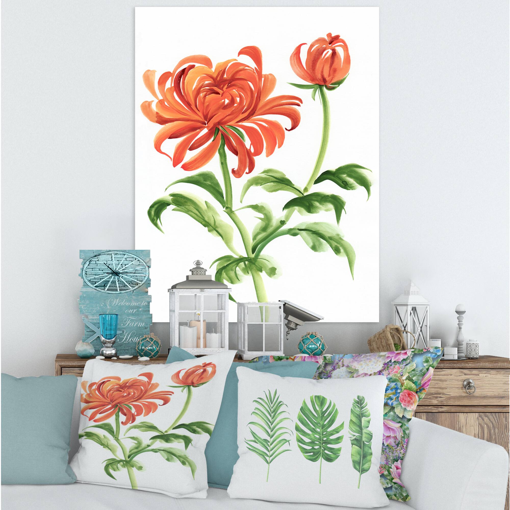 Designart - Vintage Orange Chrysanthemum Flower - Traditional Canvas Wall Art Print