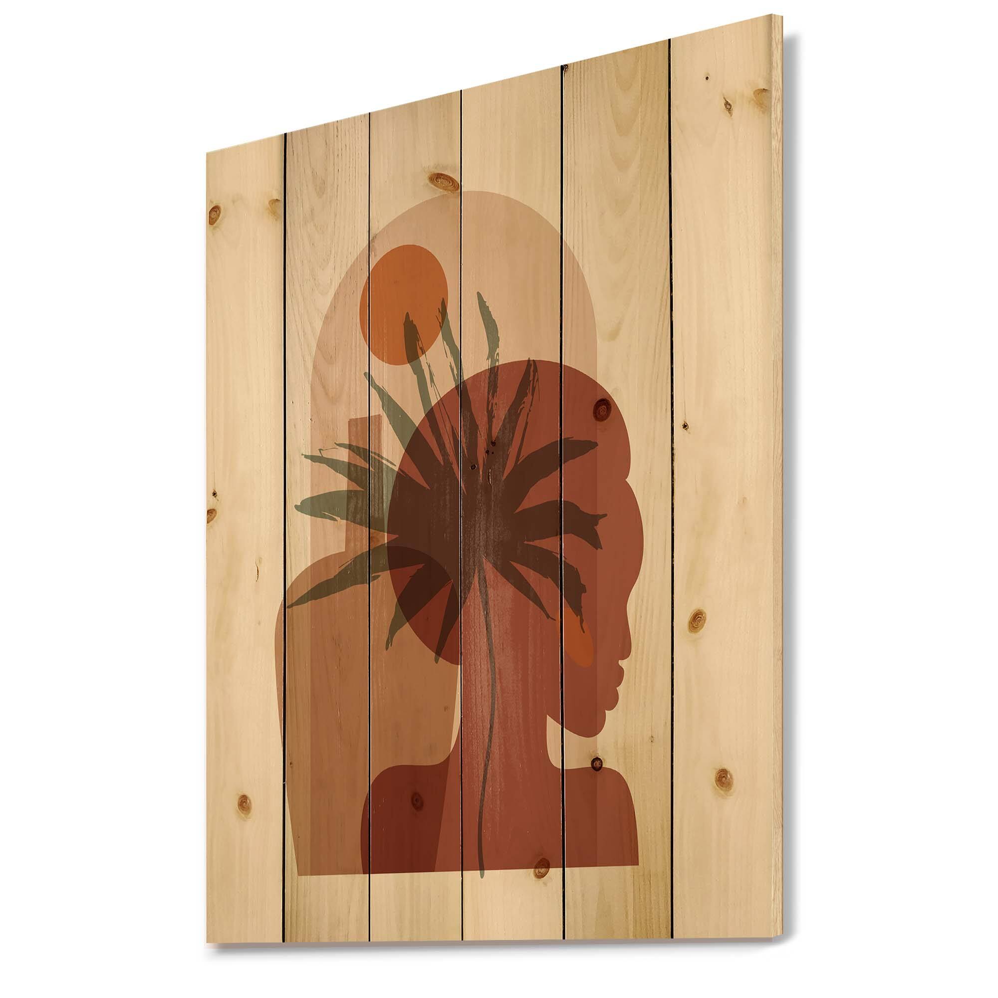 Designart - Abstract Tropical Palm Leaf & Pretty Girl Portrait - Modern Print on Natural Pine Wood