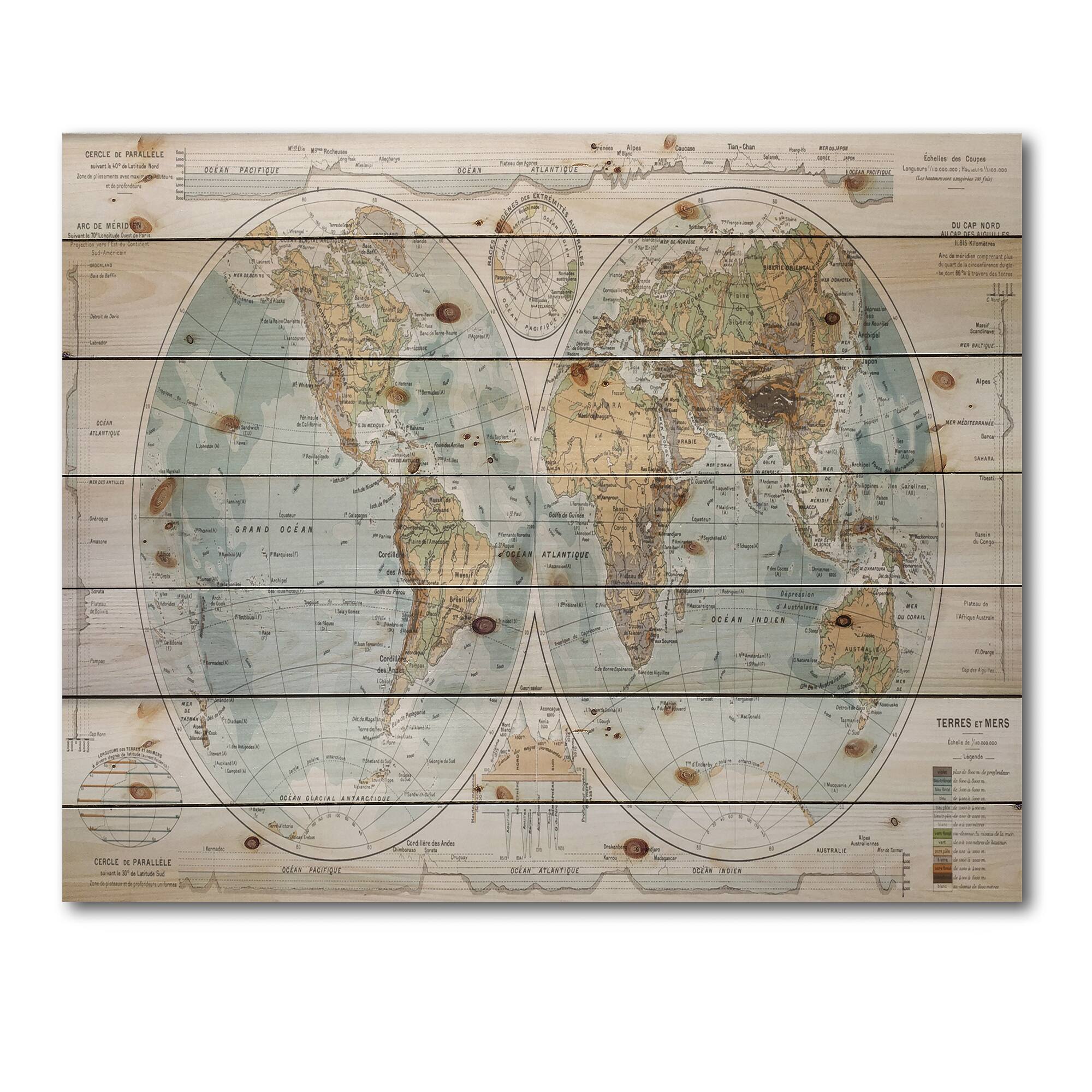 Designart - Ancient Map of The World II - Rustic Print on Natural Pine Wood