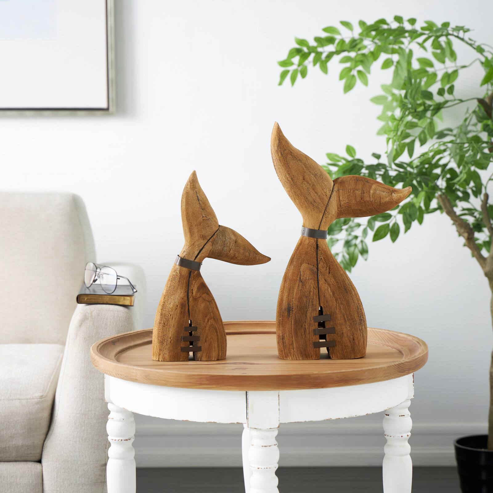 Brown Wood Whale Handmade Tail Sculpture with Metal Band Accents Set