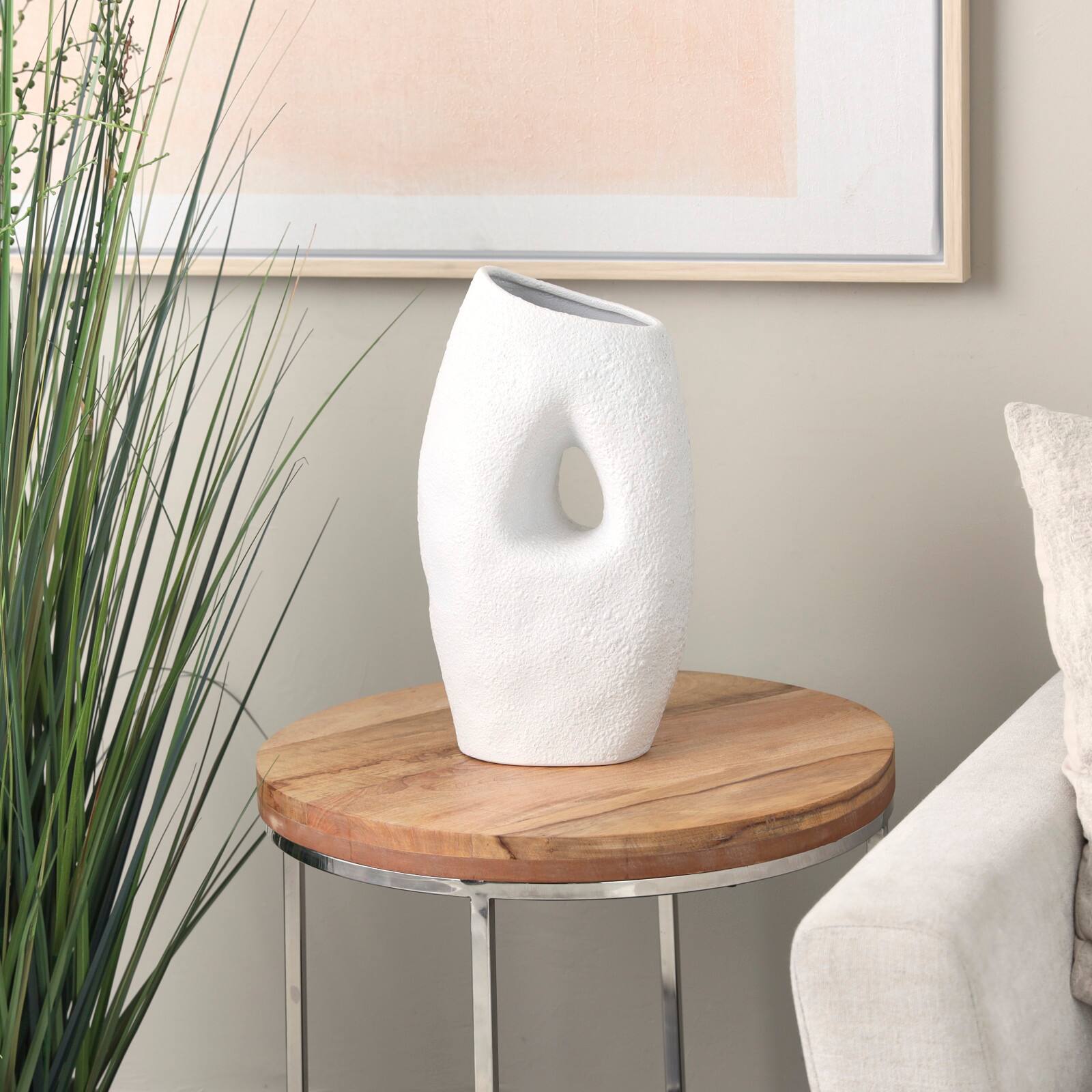 15" White Ceramic Abstract Textured Vase with Cutout Center