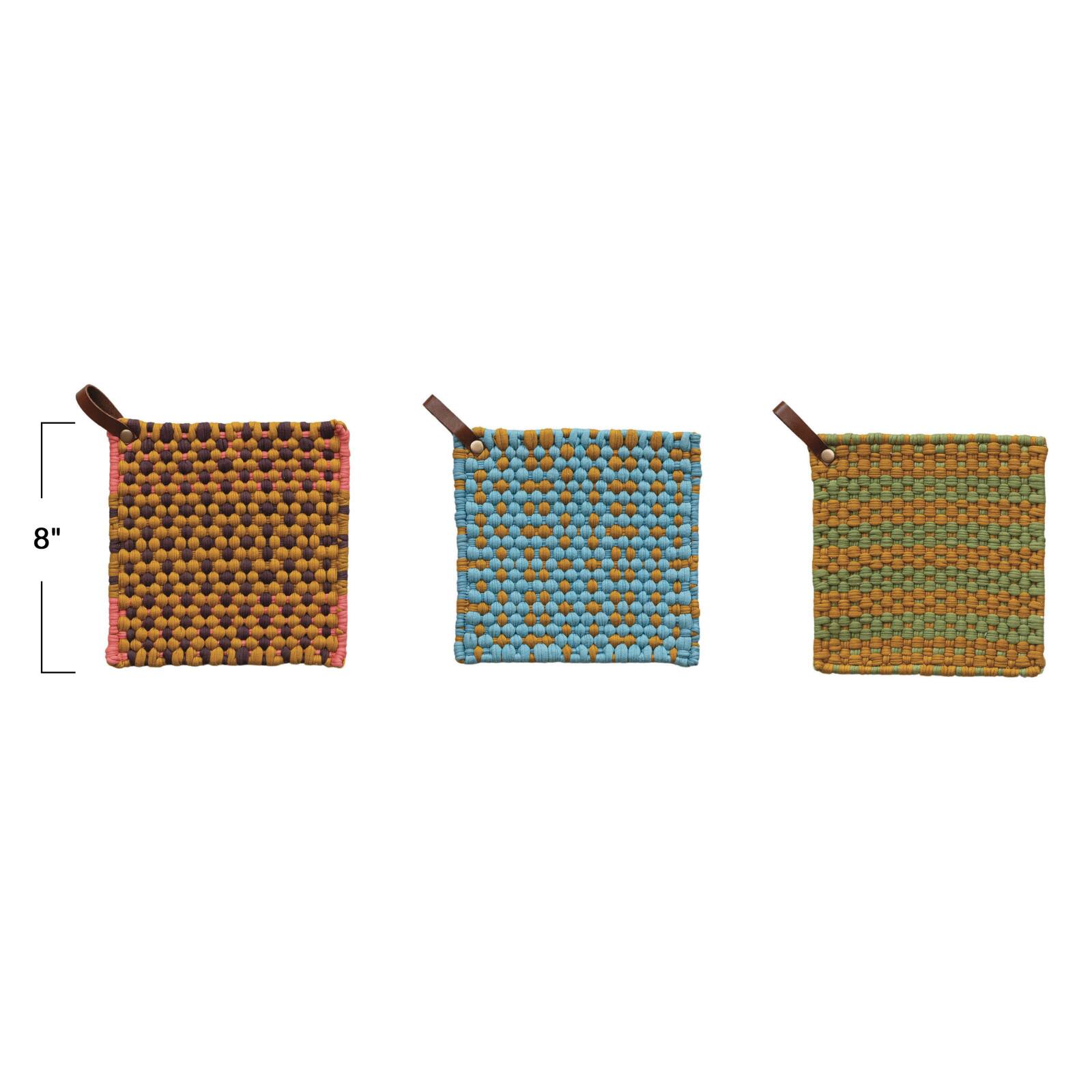 Hello Honey&#xAE; Multi-Tone Cotton Crocheted Pot Holders with Leather Loop Set