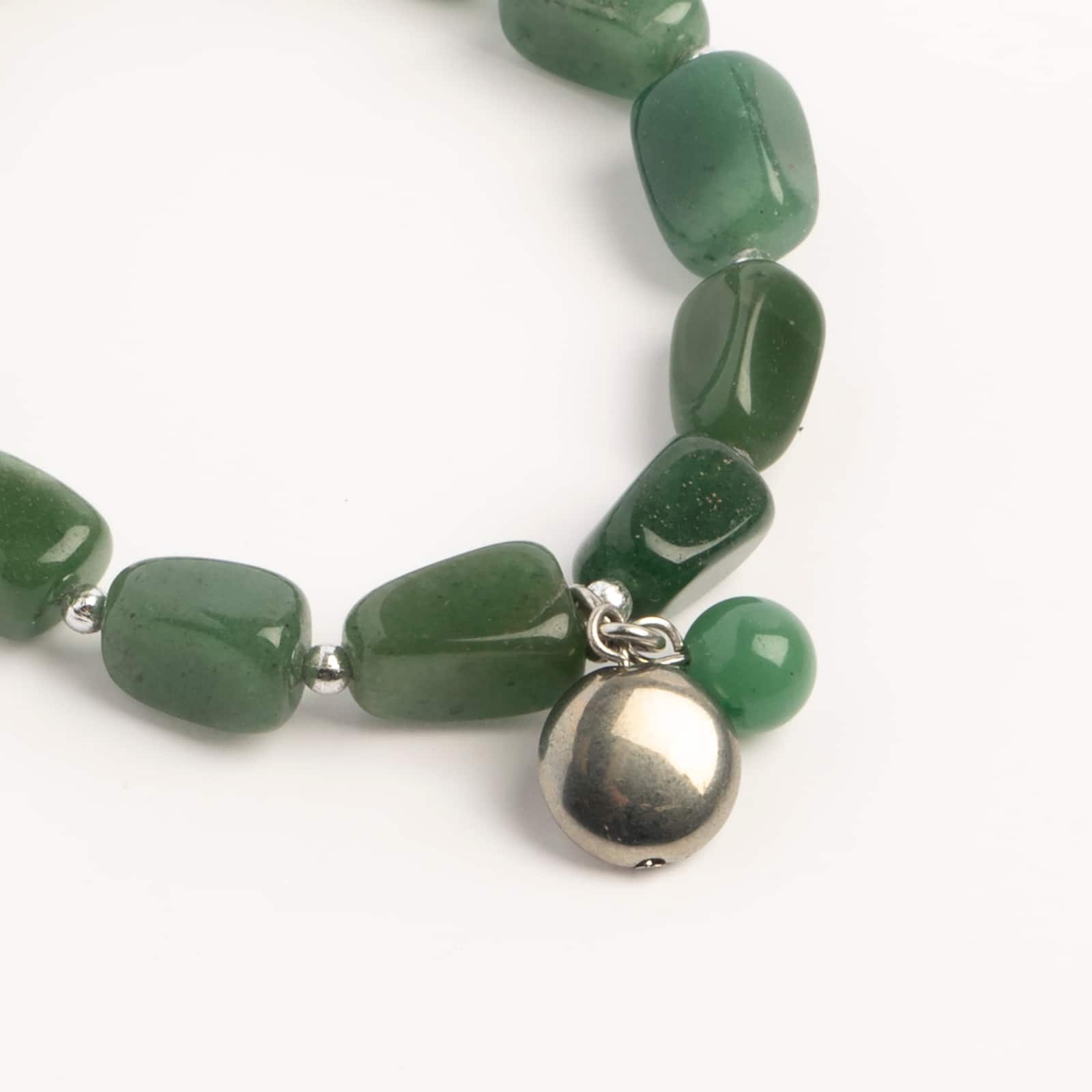 John Bead Aventurine Green Natural Stone Bracelet with Silver Charm