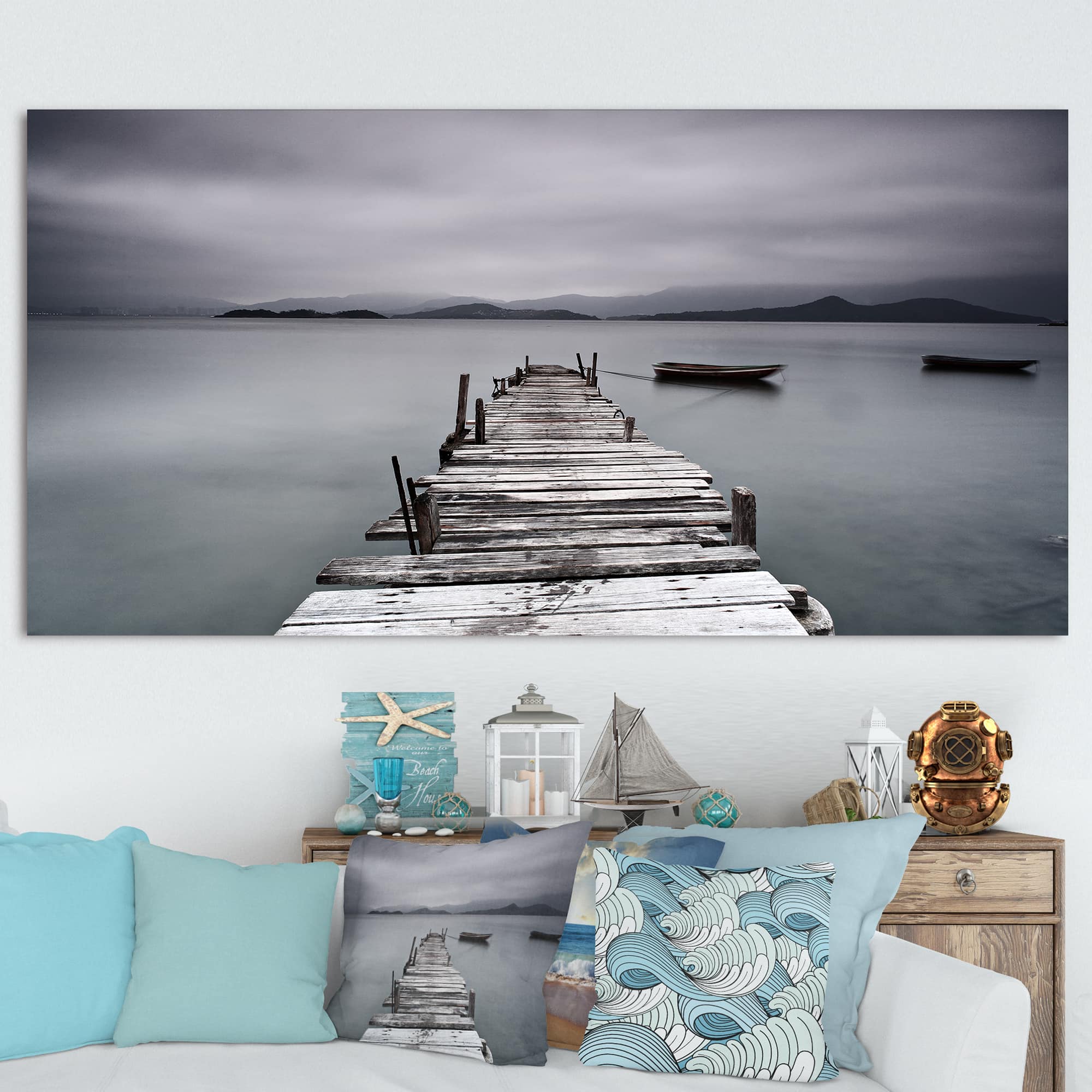 Designart - Pier and Boats at Seashore - Large Bridge Canvas Art Print