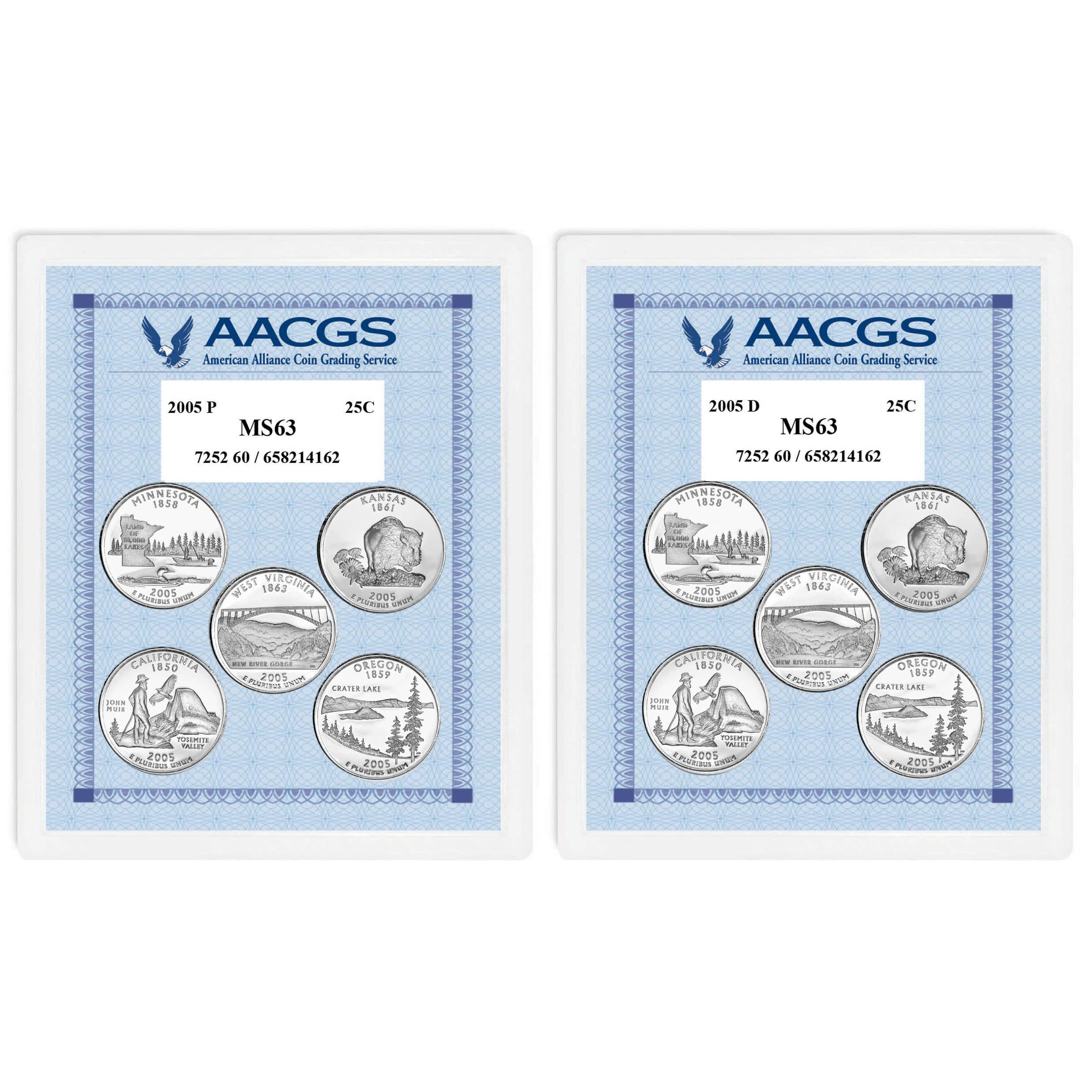 2005P &#x26; 2005D Statehood Quarters Graded MS63 Brilliant Uncirculated 