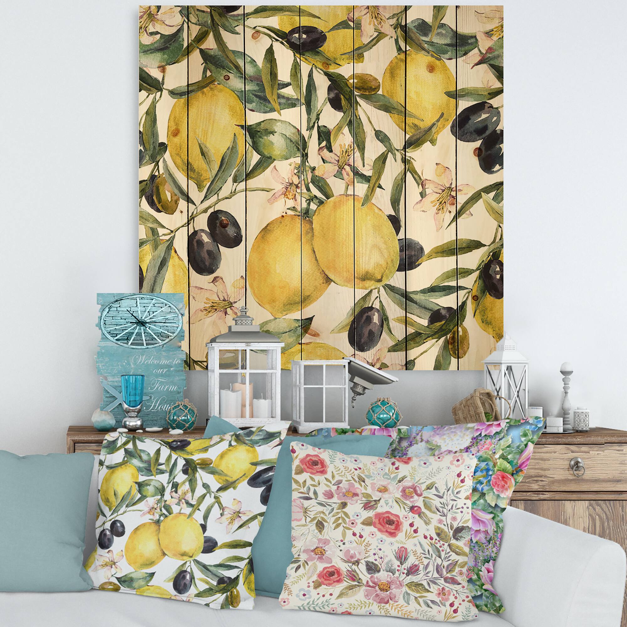 Designart - Lemon and Olive Branches I - Tropical Print on Natural Pine Wood