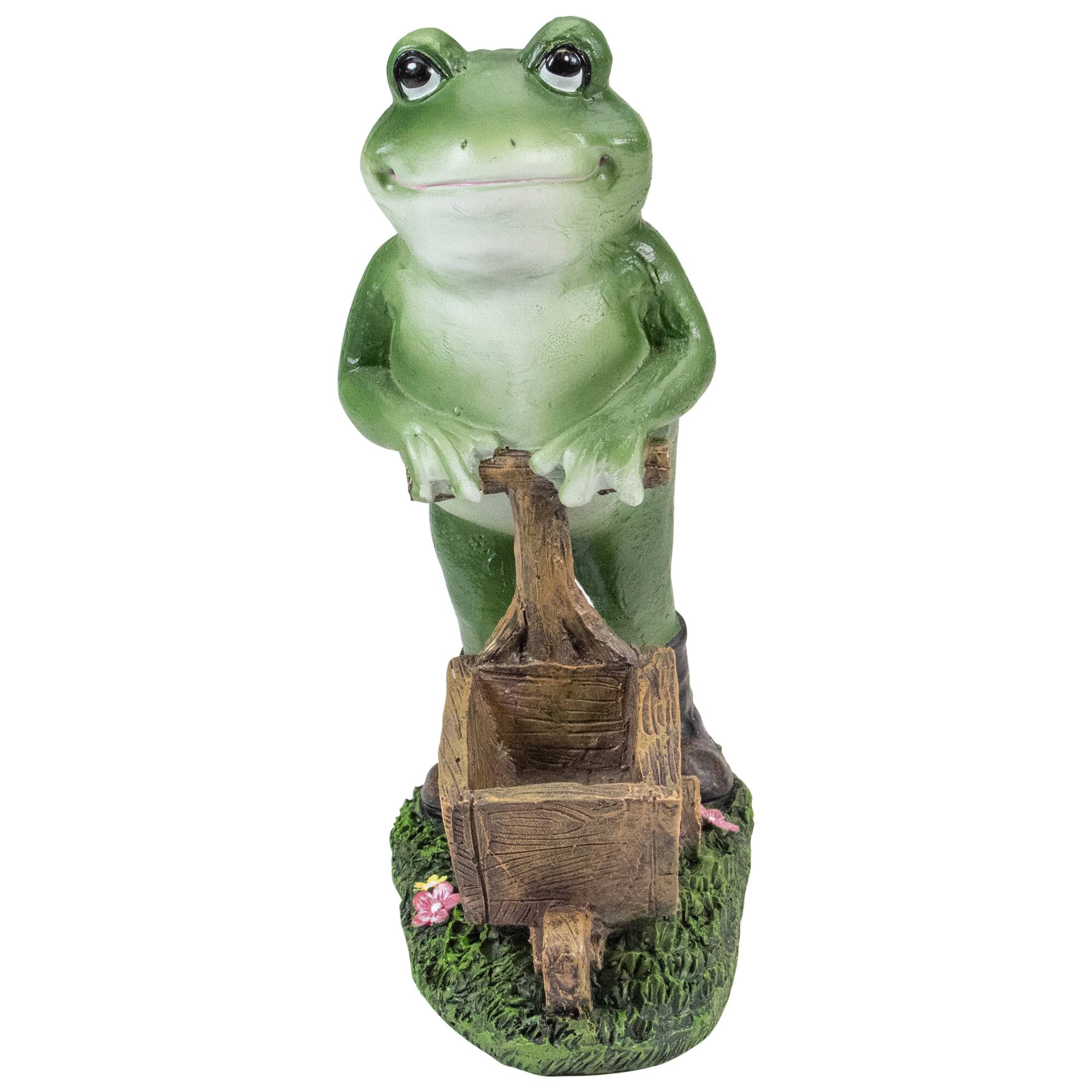 11.5" Green Frog Pushing Wheelbarrow Outdoor Garden Statue