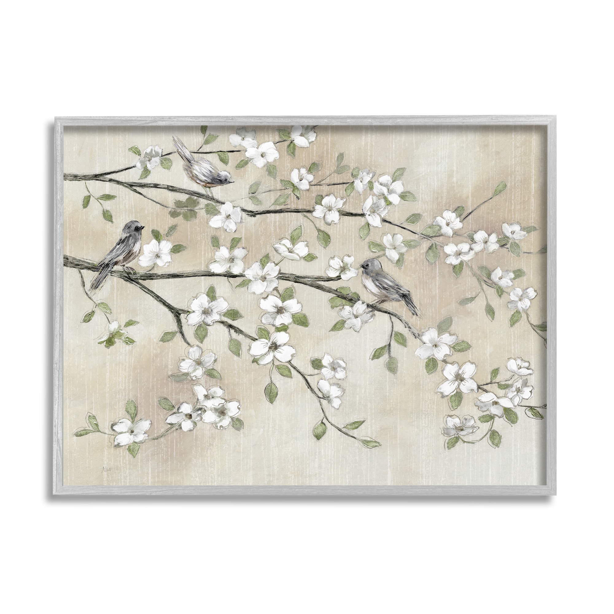 Stupell Industries Traditional White Cherry Blossom Birds Framed Giclee Art