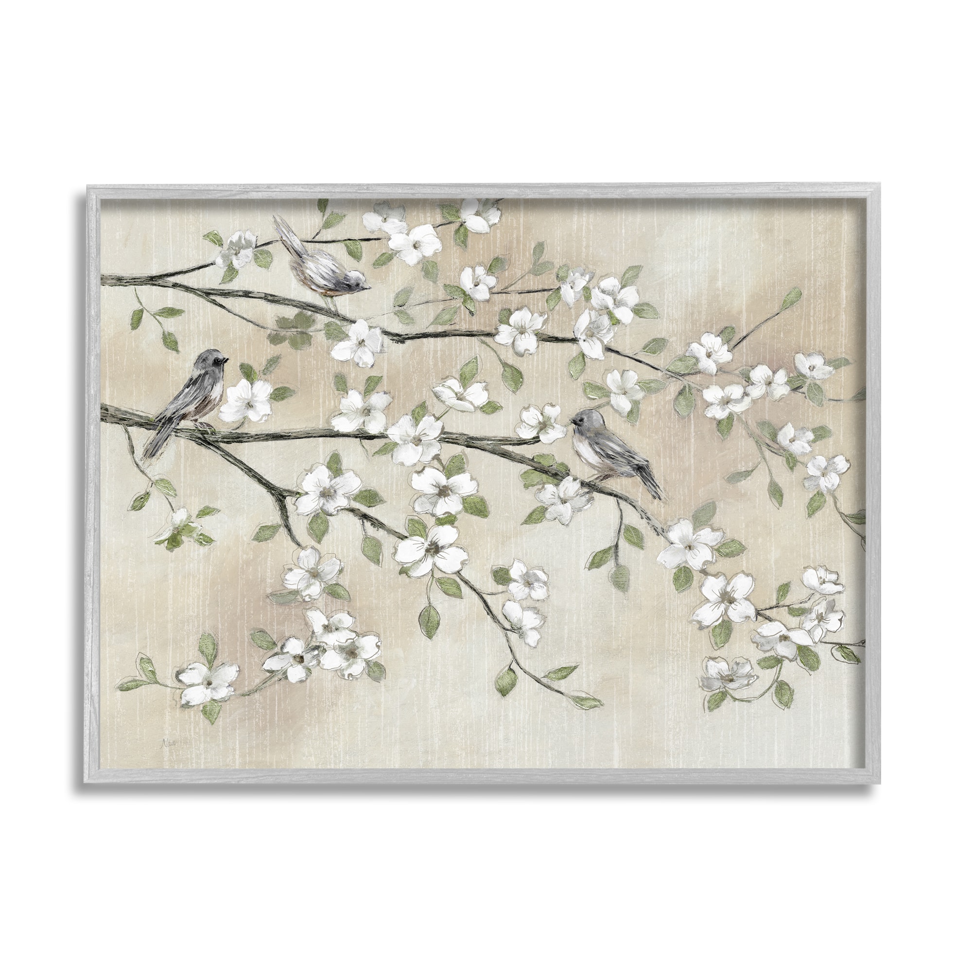 Stupell Industries Traditional White Cherry Blossom Birds Framed Giclee Art