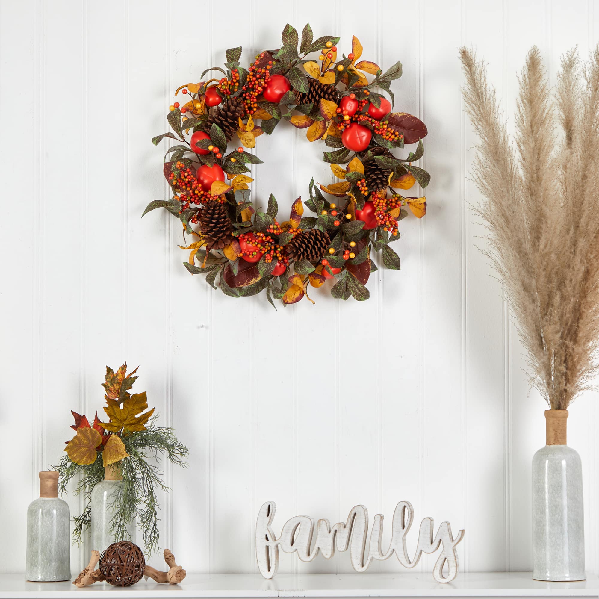 26" Autumn Persimmon & Pinecones Fall Wreath