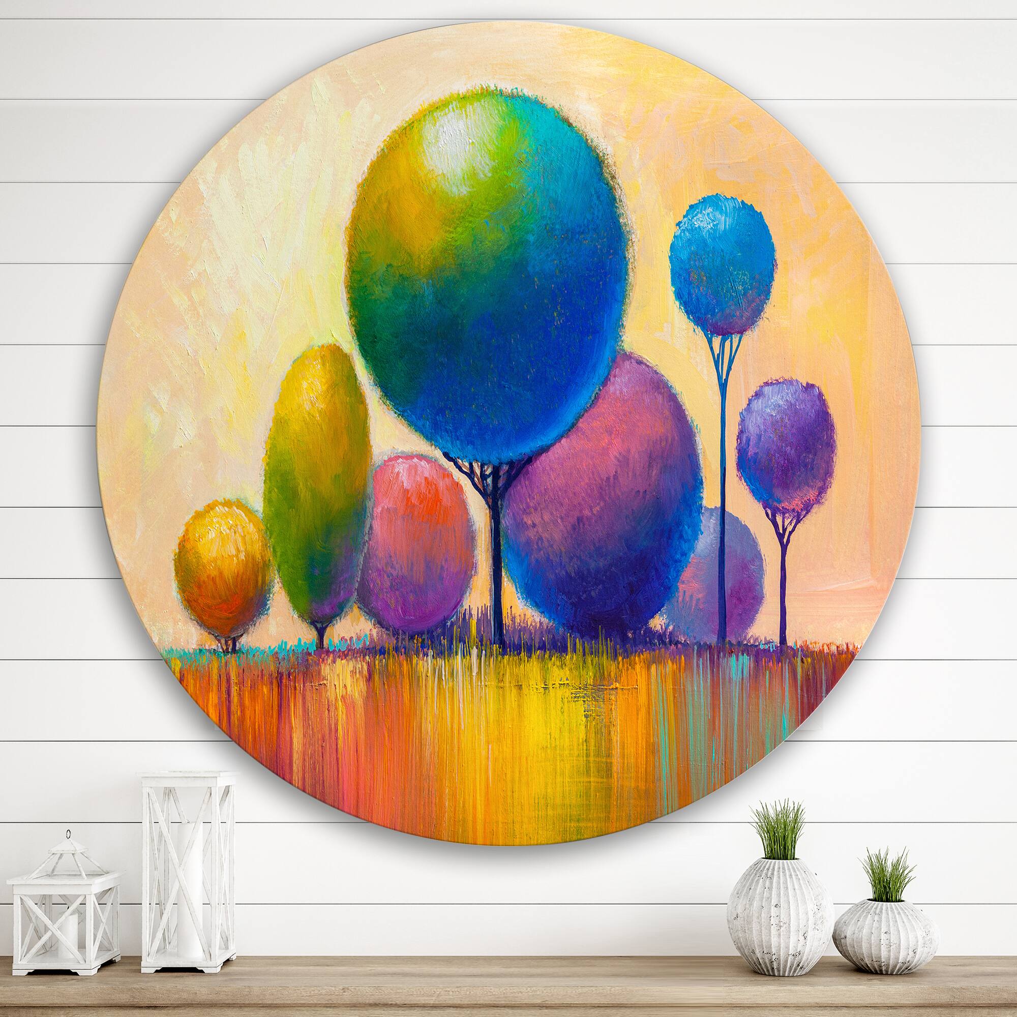 Designart - Colourful Ornamental Trees VIII - Modern Metal Circle Wall Art