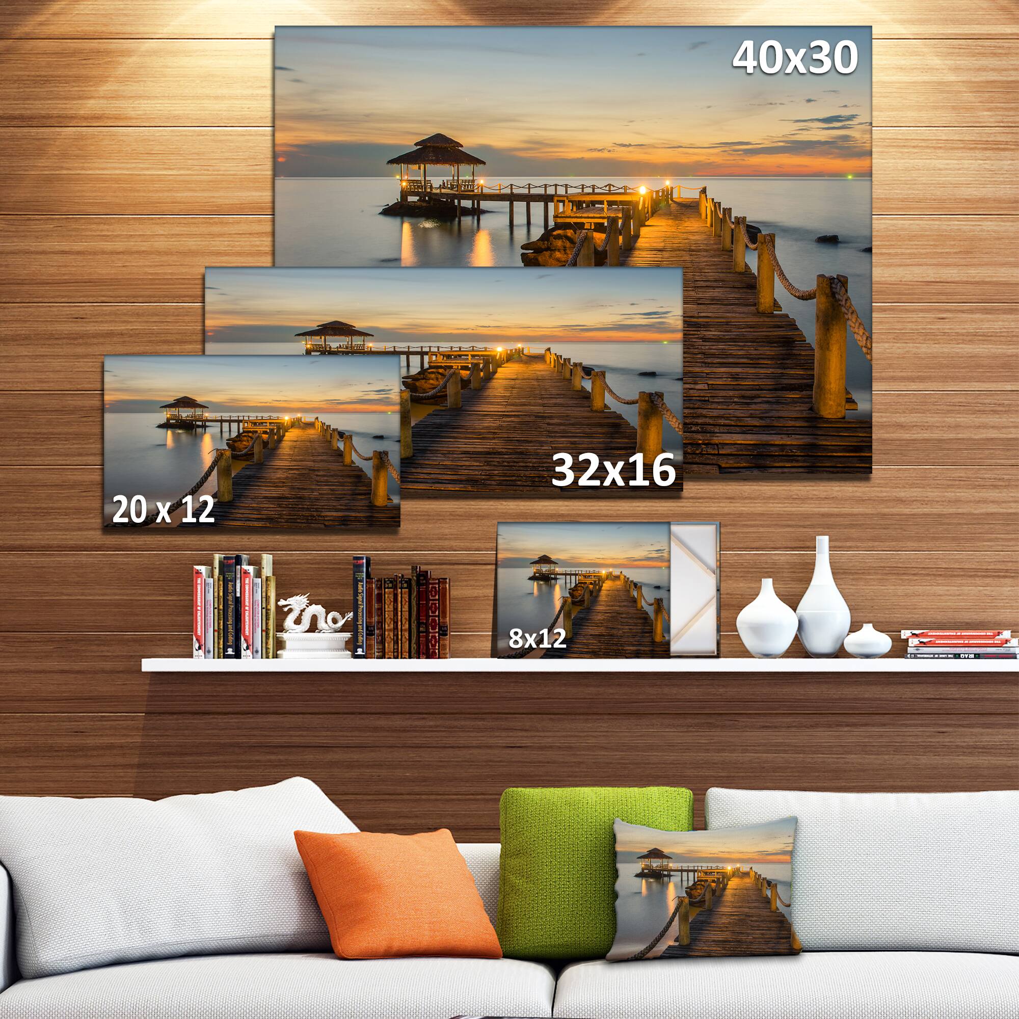 Designart - Brown Wooden Pier in Evening - Seashore Photo Canvas Print