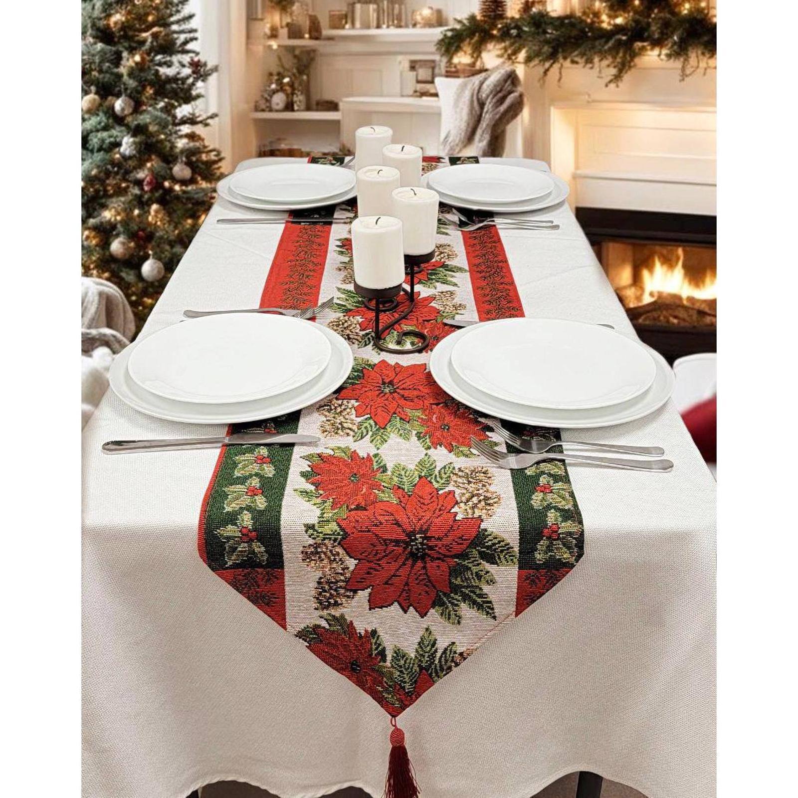 Wizardi 13.75&#x22; x 67&#x22; Poinsettia Christmas Table Runner