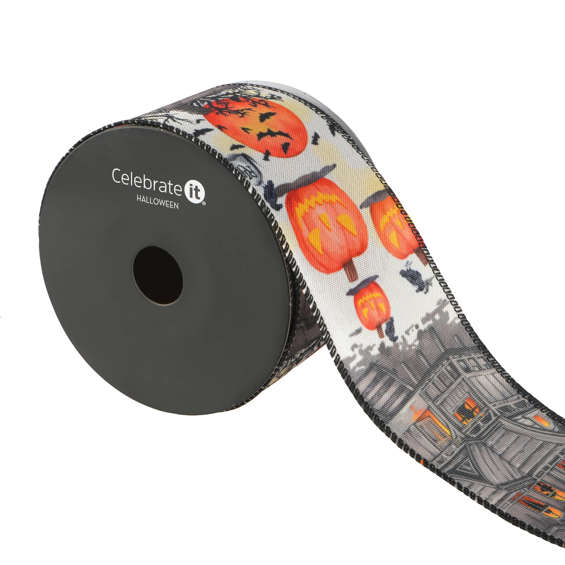 2.5&#x22; x 20ft. Haunted House with Pumpkins &#x26; Bats Wired Ribbon by Celebrate It&#xAE; Halloween